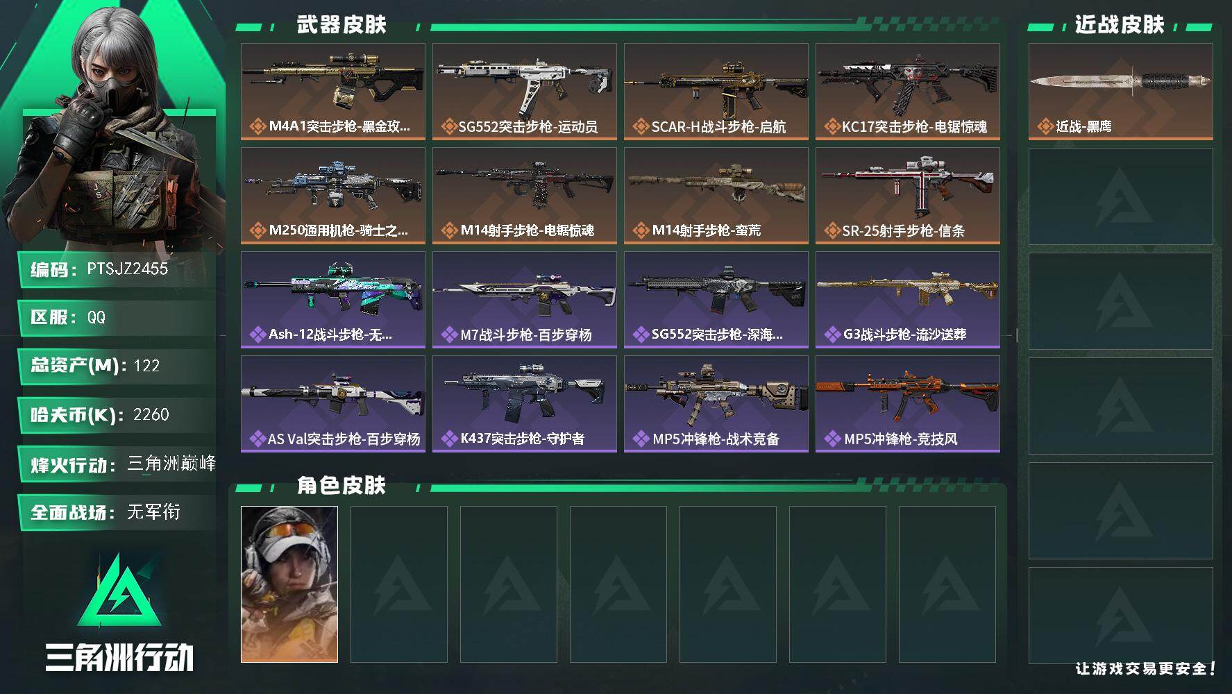 三角洲行动账号QQ【PTSJZ2455】总资产(M)：122M/哈夫币(K)：2260K/哈夫币(K)：2260K/传