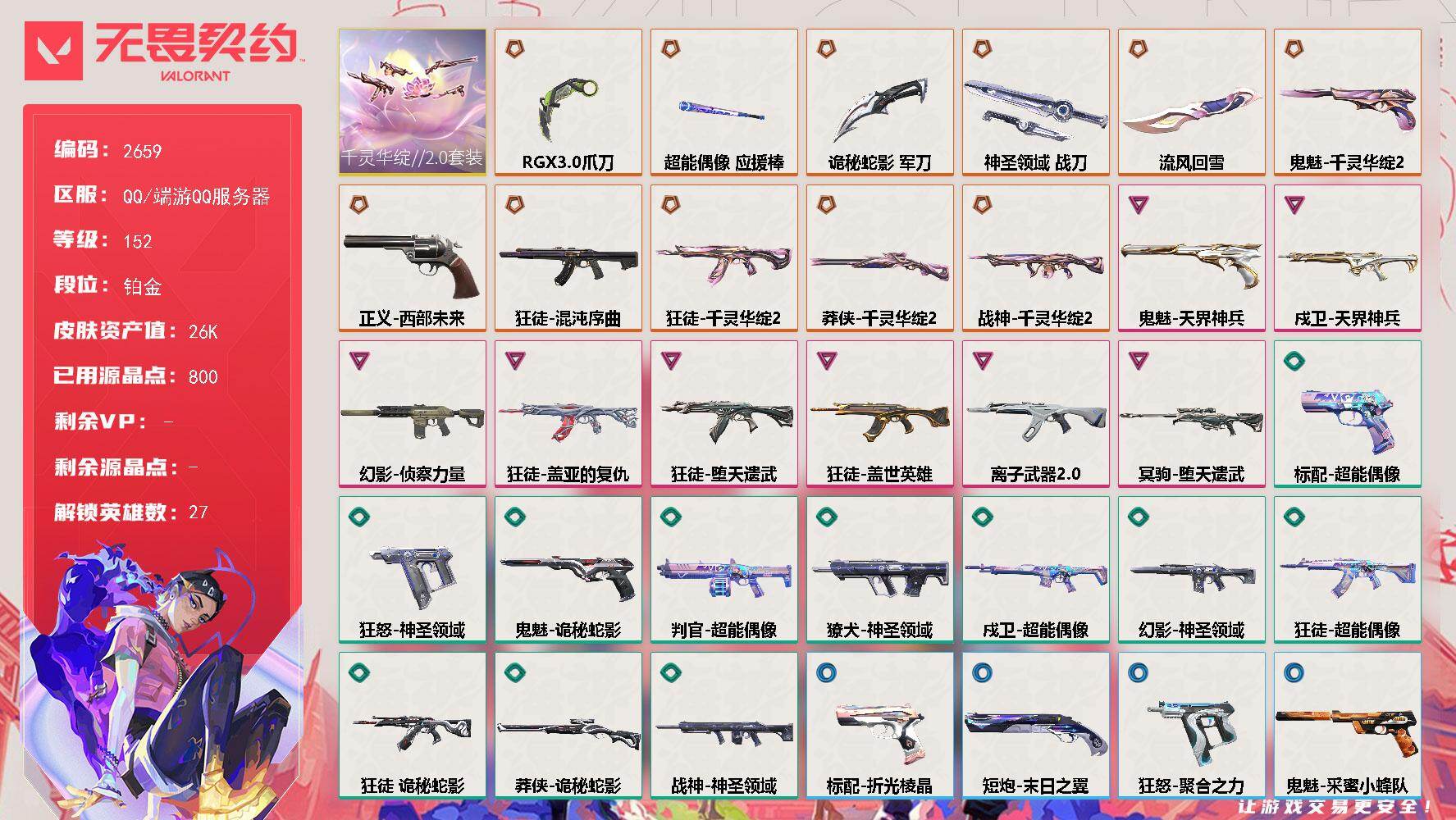 无畏契约账号QQ[16705039]【套装】：千灵华绽//2.0套装
【英雄】：幻棱，炼狱，维斯，暮蝶，钛狐，壹决，铁臂，捷风，雷兹，幽影，不死鸟，贤者，猎枭，零，芮娜，奇乐，尚勃勒，霓虹，斯凯，夜露，星礈，K/O，