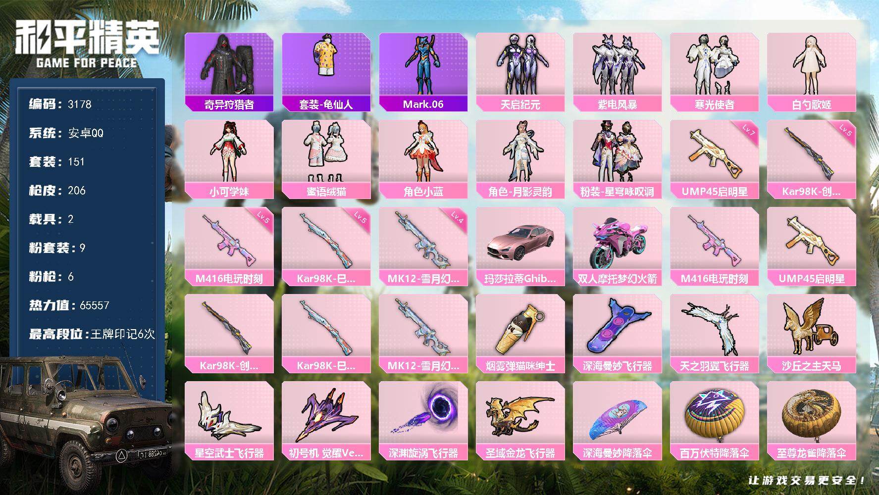 和平精英账号安卓QQ2载具-151套装-206枪皮-151套装/枪械6/装备259/载具2/战备131/王牌印记6/热力