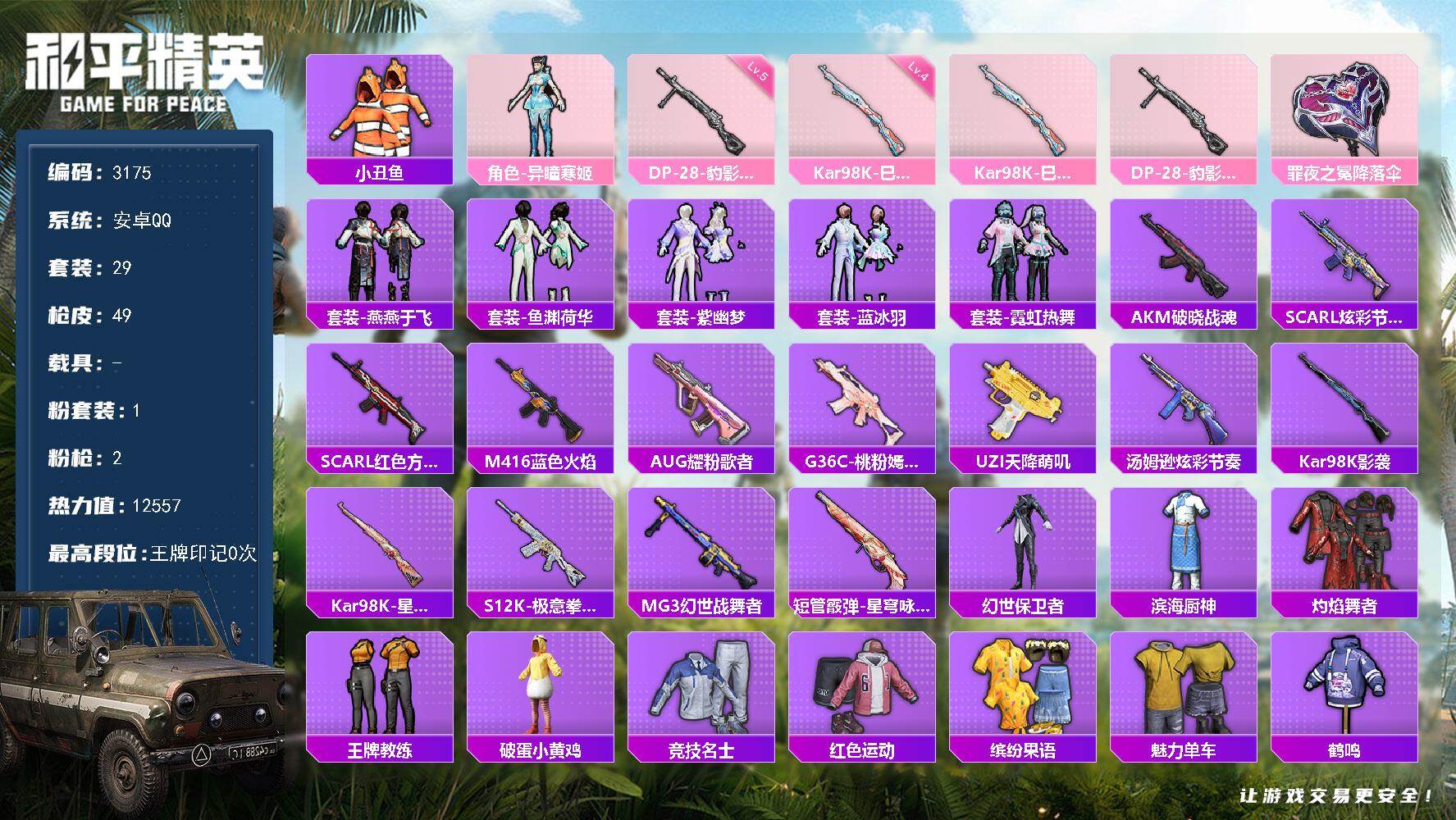 和平精英账号安卓QQ0载具-29套装-49枪皮-29套装/枪械2/装备60/战备34/热力值12557/四级Kar98K