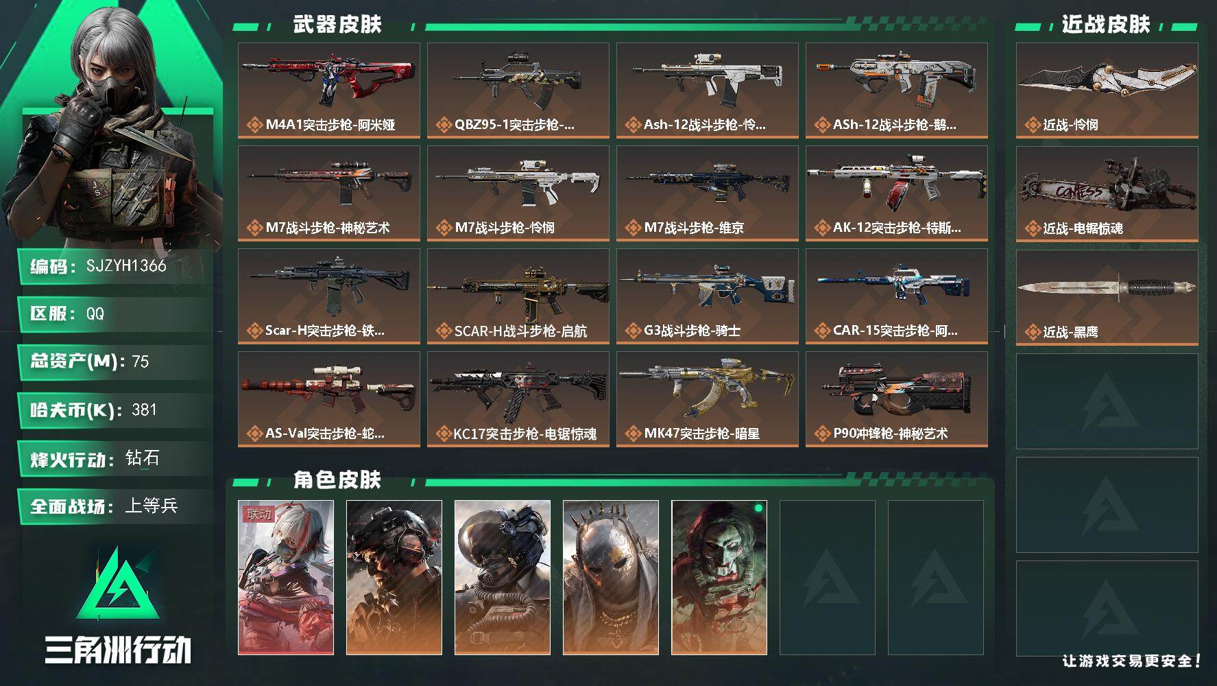 三角洲行动账号QQ【SJZYH1366】总资产(M)：75M/哈夫币(K)：381K/哈夫币(K)：381K/传说枪皮数：26/全面战场等级：50_段位：上等兵/烽火地带等级：60_段位：钻石/骇爪-维什戴尔/威龙-