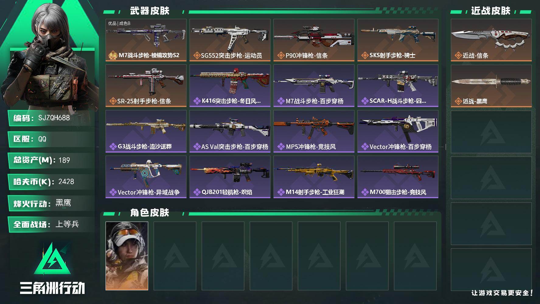 三角洲行动账号QQ【SJZQH688】总资产(M)：189M/哈夫币(K)：2428K/哈夫币(K)：2428K/传说