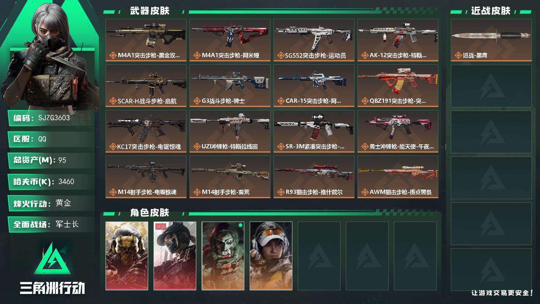 三角洲行动账号QQ【SJZG3603】总资产(M)：95M/哈夫币(K)：3460K/哈夫币(K)：3460K/传说枪皮数：18/全面战场等级：50_段位：军士长/烽火地带等级：60_段位：黄金/红狼-蚀金玫瑰/露娜