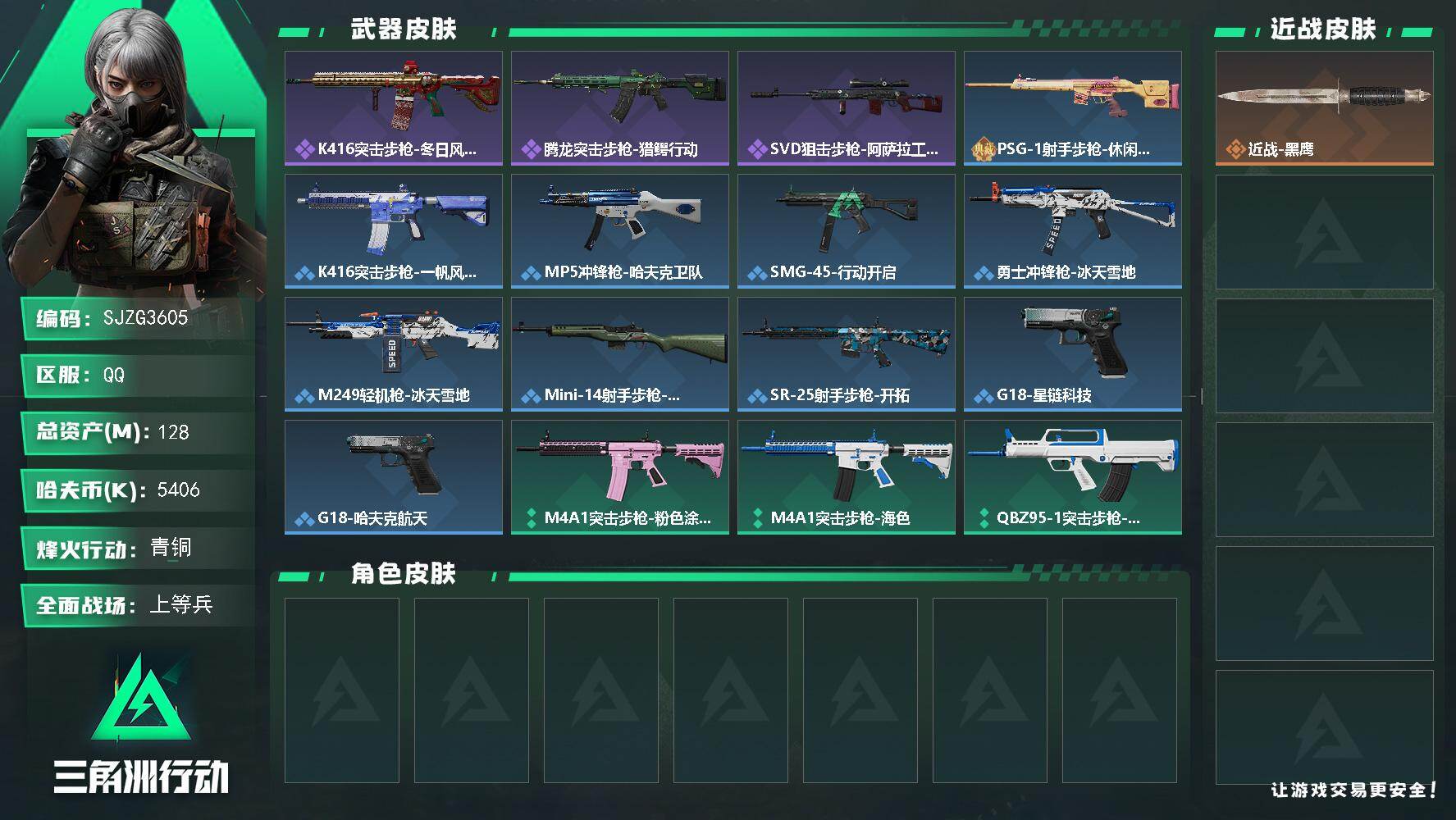 三角洲行动账号QQ【SJZG3605】总资产(M)：128M/哈夫币(K)：5406K/哈夫币(K)：5406K/全面战场等级：19_段位：上等兵/烽火地带等级：60_段位：青铜/近战-黑鹰/K416突击步枪-冬日风