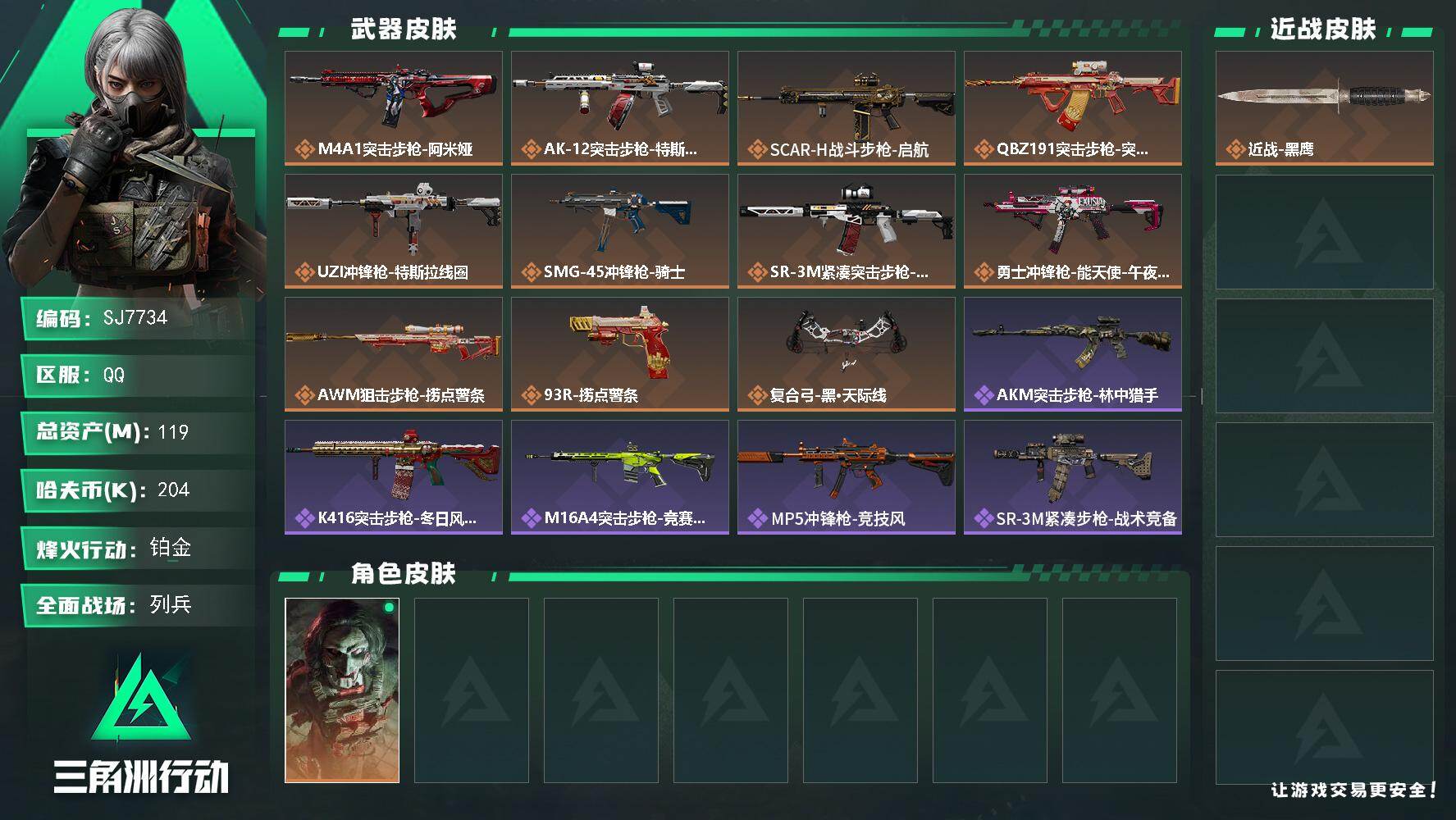 三角洲行动账号QQ【SJ7734】总资产(M)：119M/哈夫币(K)：204K/哈夫币(K)：204K/传说枪皮数：11/全面战场等级：10_段位：列兵/烽火地带等级：60_段位：铂金/红狼-电锯惊魂/近战-黑鹰/