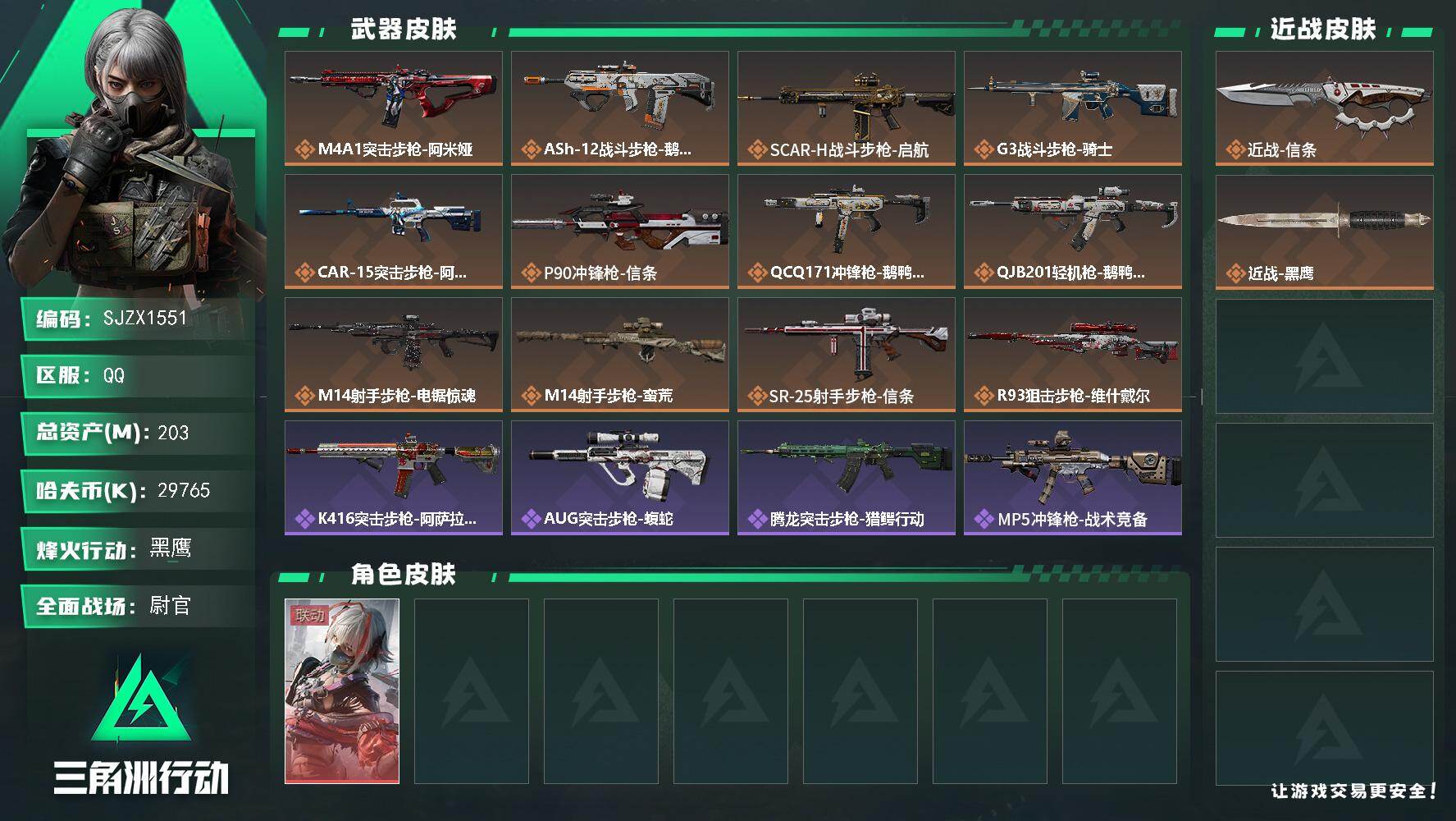 三角洲行动账号QQ【SJZX1551】总资产(M)：203M/哈夫币(K)：29765K/哈夫币(K)：29765K/传说枪皮数：12/全面战场等级：38_段位：尉官/烽火地带等级：60_段位：黑鹰/骇爪-维什戴尔/