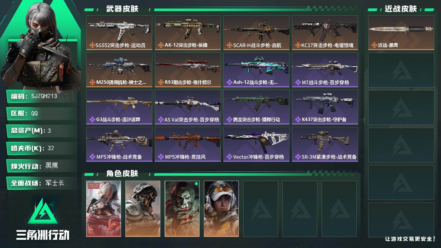 三角洲行动账号QQ【SJZQH213】总资产(M)：3M/哈夫币(K)：32K/哈夫币(K)：32K/全面战场等级：24_段位：军士长/烽火地带等级：60_段位：黑鹰/骇爪-维什戴尔/深蓝-不破誓约/红狼-电锯惊魂/