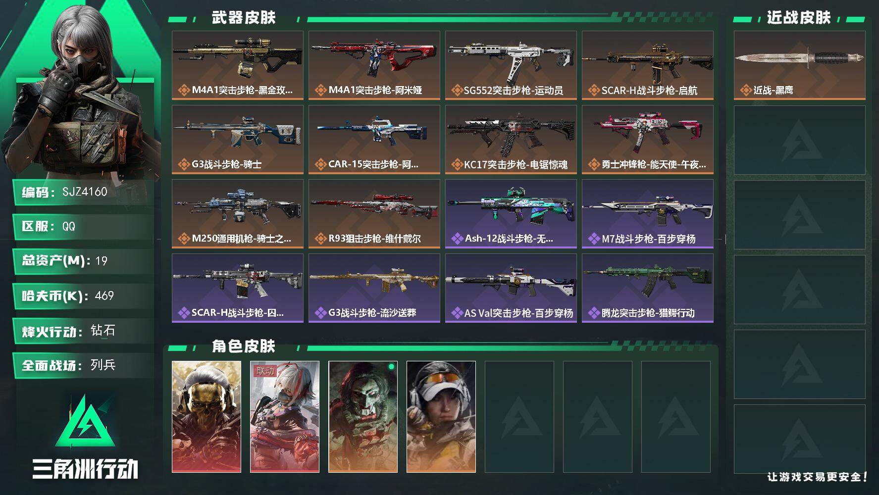 三角洲行动账号QQ【SJZ4160】总资产(M)：19M/哈夫币(K)：1K/哈夫币(K)：1K/传说枪皮数：10/全面战场等级：12_段位：列兵/烽火地带等级：60_段位：钻石/红狼-蚀金玫瑰/骇爪-维什戴尔/红狼