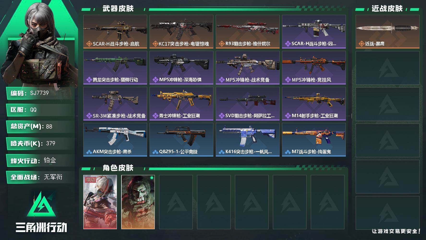 三角洲行动账号QQ【SJ7739】总资产(M)：88M/哈夫币(K)：379K/哈夫币(K)：379K/传说枪皮数：3/全面战场等级：1_段位：无段位/烽火地带等级：60_段位：铂金/骇爪-维什戴尔/红狼-电锯惊魂/