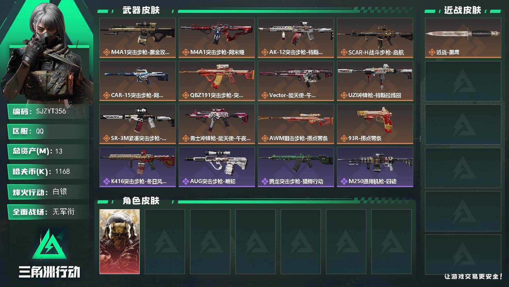 三角洲行动账号QQ【SJZYT356】总资产(M)：13M/哈夫币(K)：1168K/哈夫币(K)：1168K/传说枪皮数：12/全面战场等级：1_段位：无段位/烽火地带等级：46_段位：白银/红狼-蚀金玫瑰/近战-