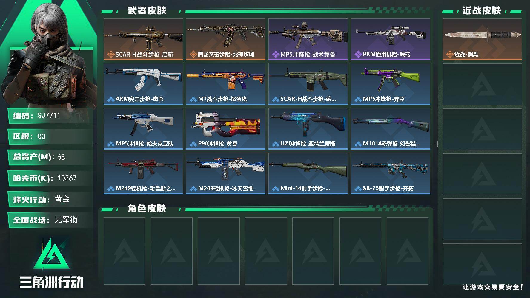 三角洲行动账号QQ【SJ7711】总资产(M)：68M/哈夫币(K)：10367K/哈夫币(K)：10367K/传说枪皮数：2/全面战场等级：1_段位：无段位/烽火地带等级：40_段位：黄金/近战-黑鹰/SCAR-H