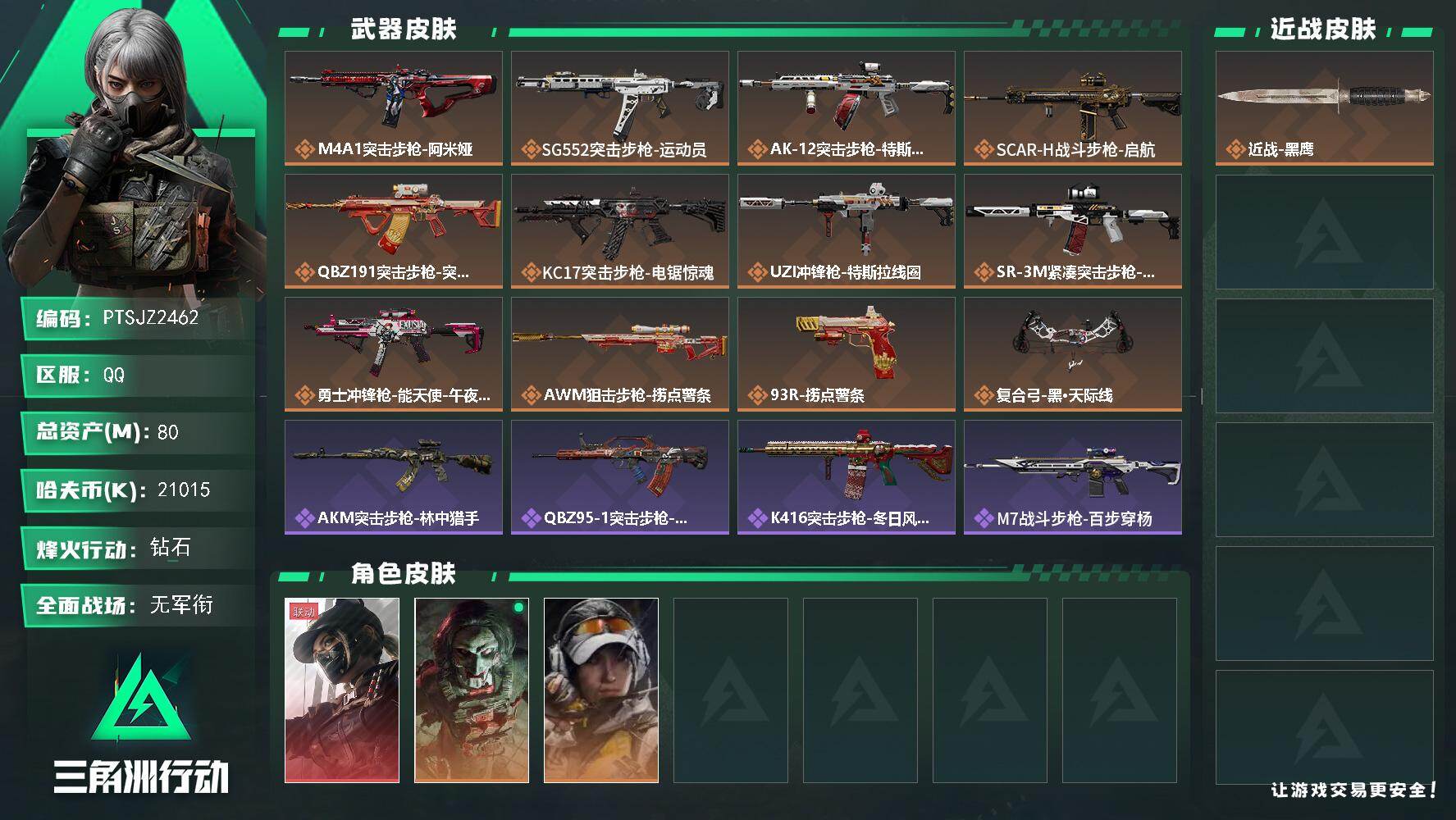 三角洲行动账号QQ【PTSJZ2462】总资产(M)：80M/哈夫币(K)：21015K/哈夫币(K)：21015K/