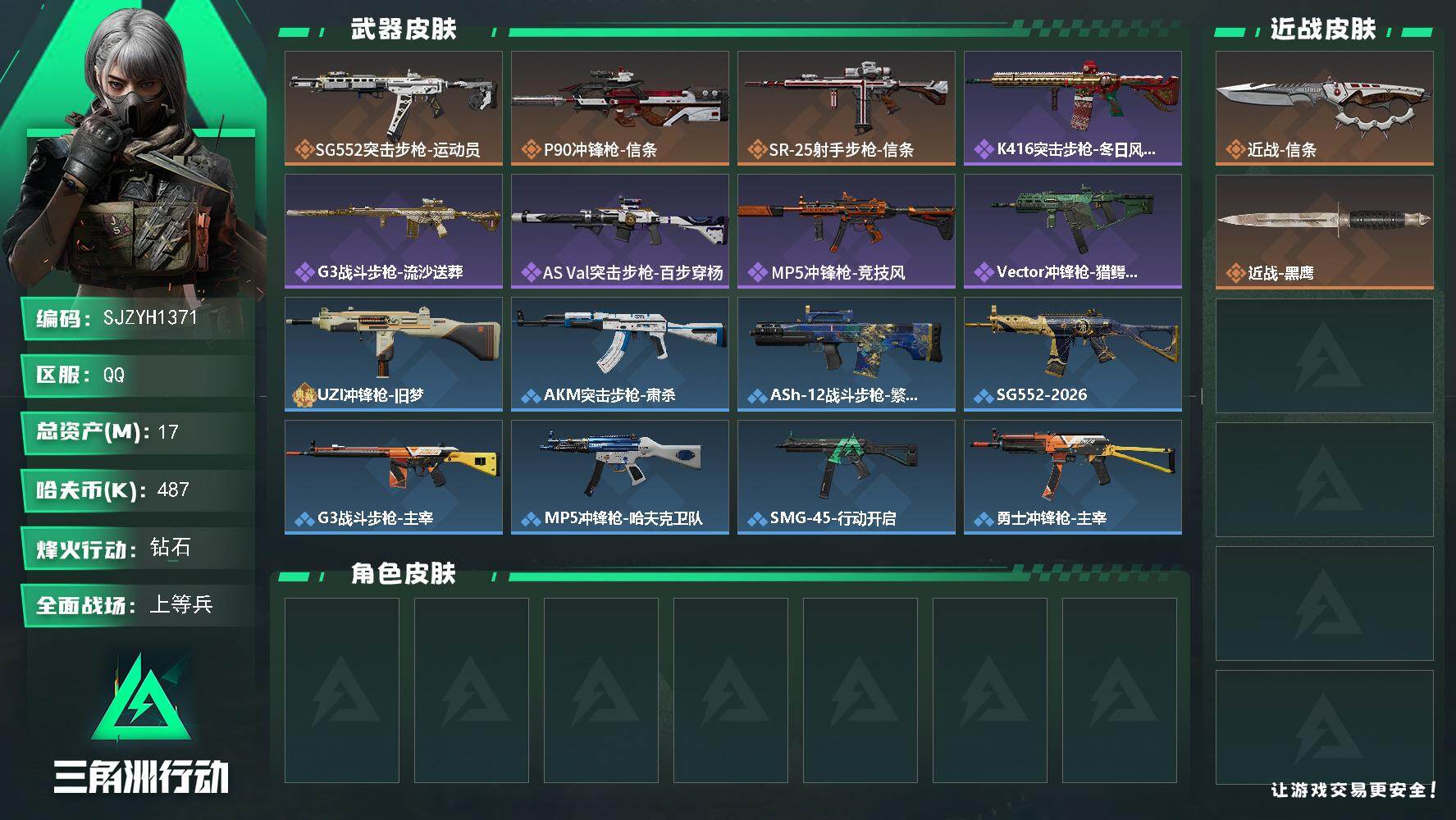 三角洲行动账号QQ【SJZYH1371】总资产(M)：17M/哈夫币(K)：487K/哈夫币(K)：487K/传说枪皮