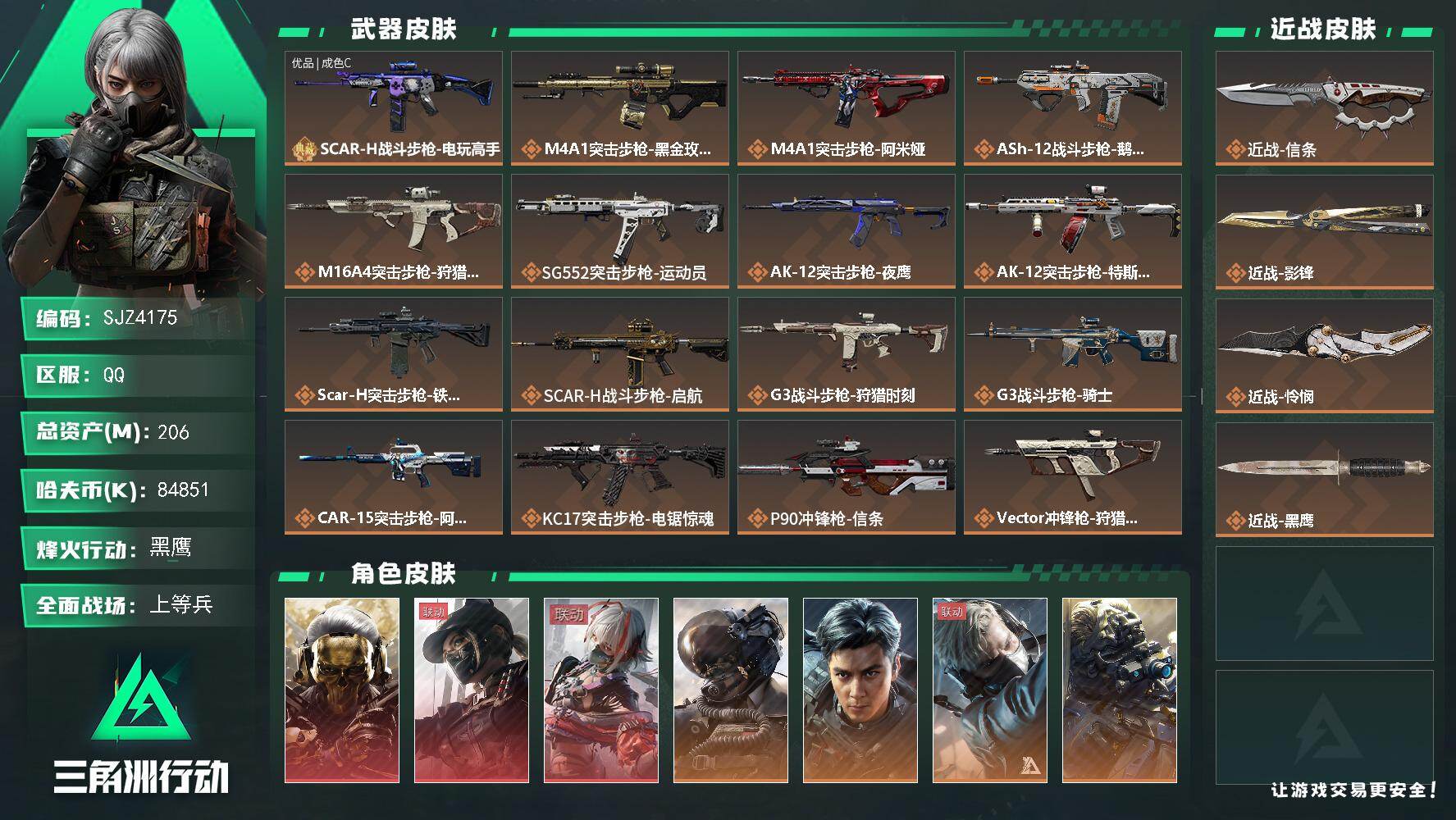 三角洲行动账号QQ【SJZ4175】总资产(M)：206M/哈夫币(K)：84851K/哈夫币(K)：84851K/传说枪皮数：31/全面战场等级：38_段位：上等兵/烽火地带等级：60_段位：黑鹰/红狼-蚀金玫瑰/
