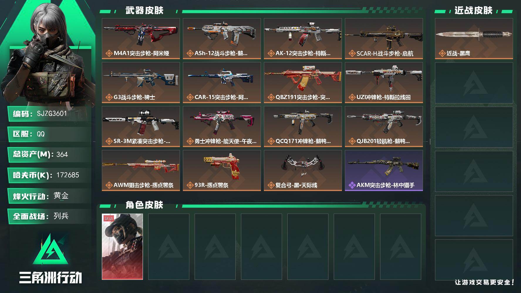 三角洲行动账号QQ【SJZG3601】总资产(M)：364M/哈夫币(K)：172685K/哈夫币(K)：172685K/传说枪皮数：15/全面战场等级：16_段位：列兵/烽火地带等级：60_段位：黄金/露娜-黑·天