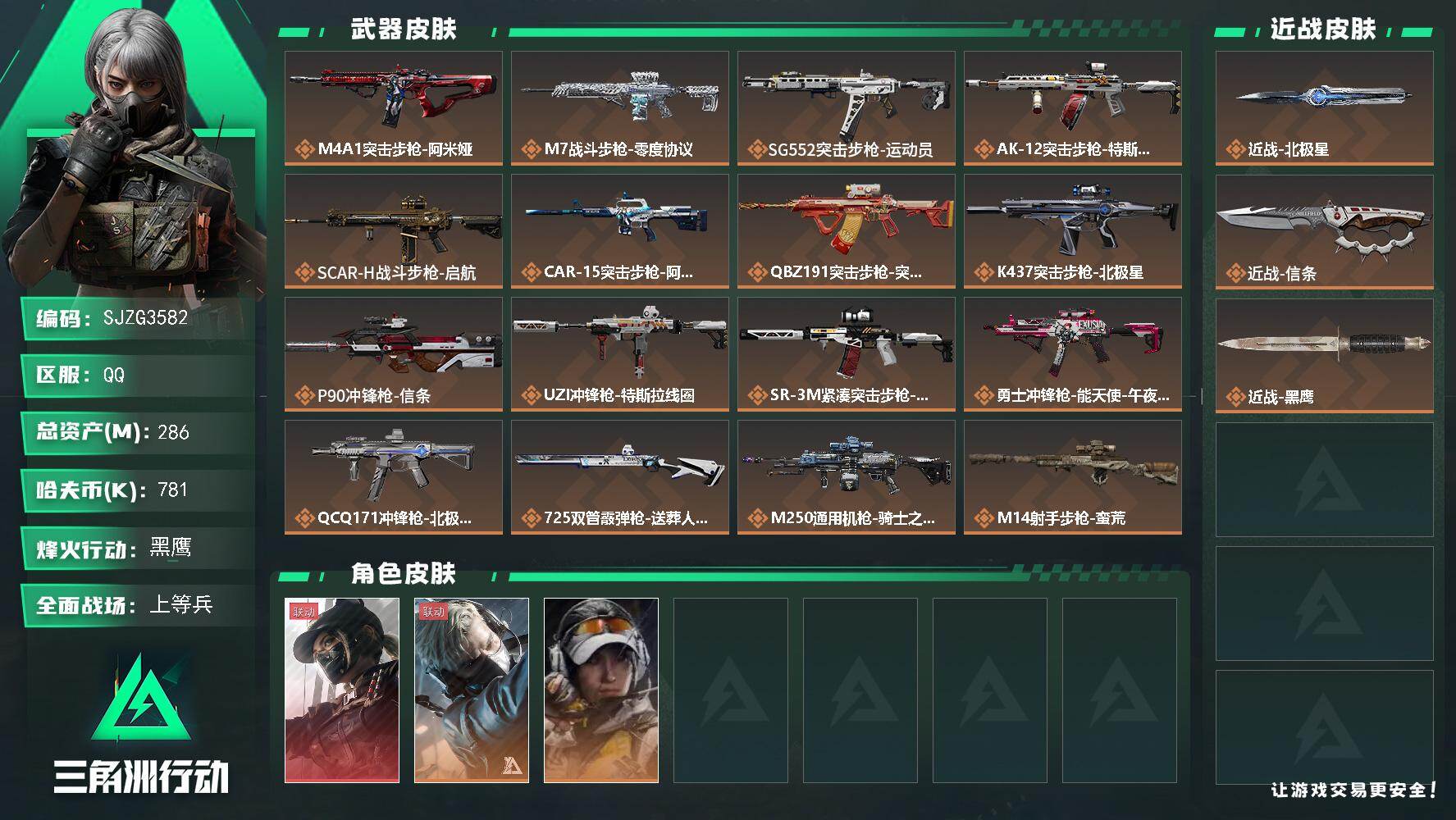 三角洲行动账号QQ【SJZG3582】总资产(M)：286M/哈夫币(K)：781K/哈夫币(K)：781K/传说枪皮