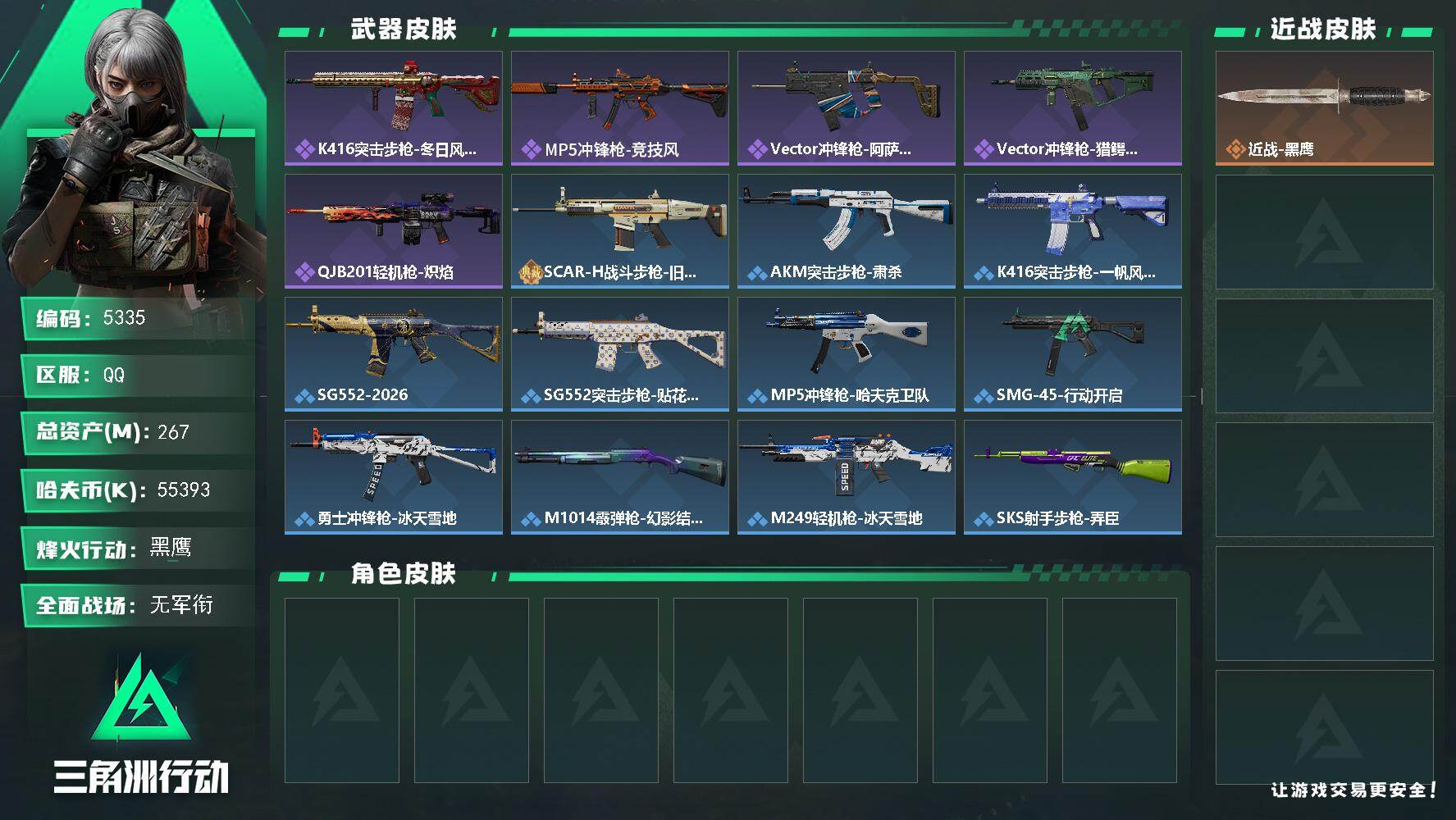 三角洲行动账号QQ总资产(M)：267M/哈夫币(K)：55393K/哈夫币(K)：55393K/全面战场等级：1_段