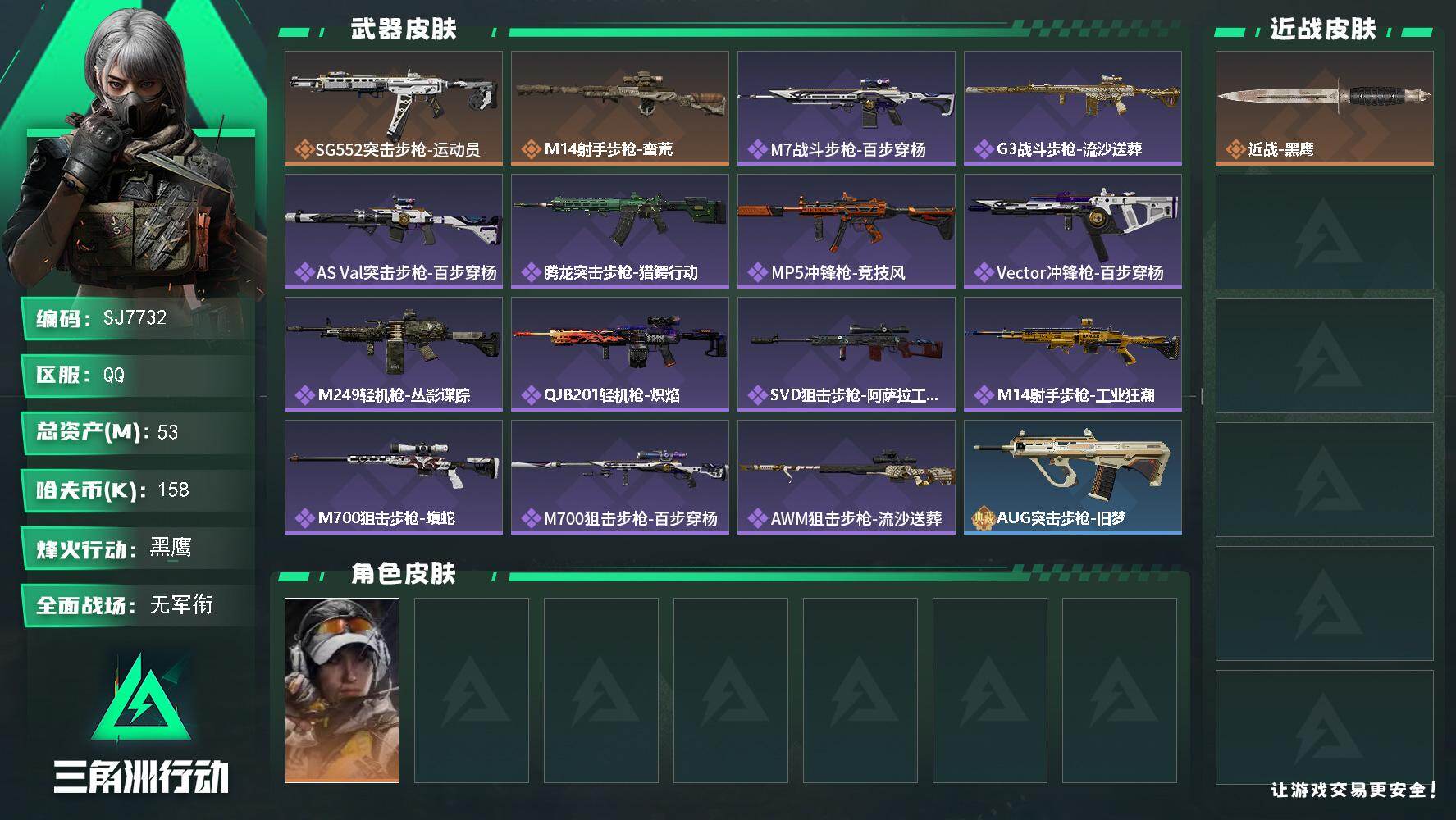 三角洲行动账号QQ【SJ7732】总资产(M)：53M/哈夫币(K)：158K/哈夫币(K)：158K/传说枪皮数：2/全面战场等级：1_段位：无段位/烽火地带等级：60_段位：黑鹰/露娜-金牌射手/近战-黑鹰/SG