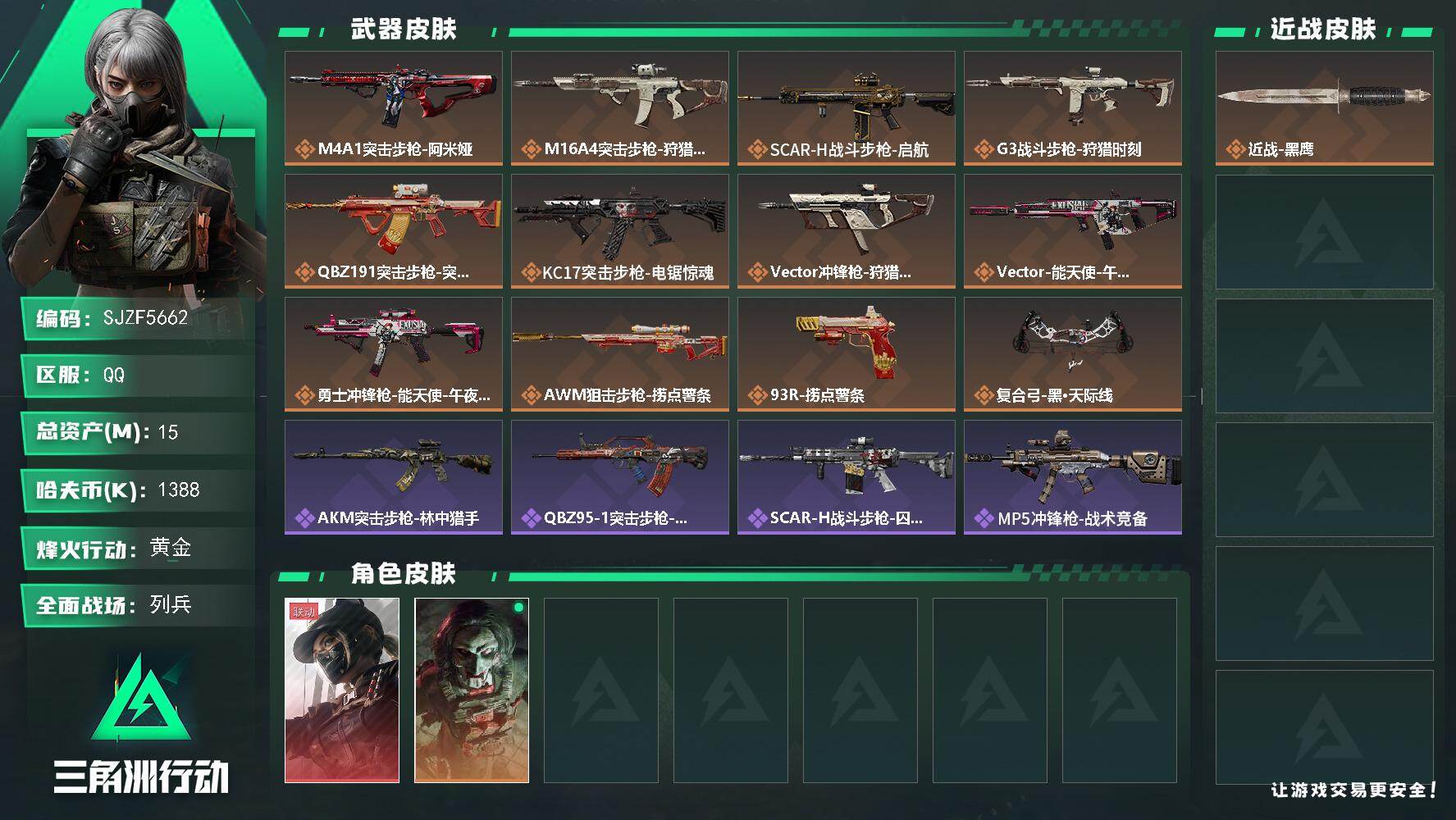 三角洲行动账号QQ【SJZF5662】总资产(M)：15M/哈夫币(K)：1388K/哈夫币(K)：1388K/传说枪皮数：12/全面战场等级：23_段位：列兵/烽火地带等级：60_段位：黄金/露娜-黑·天际线/红狼