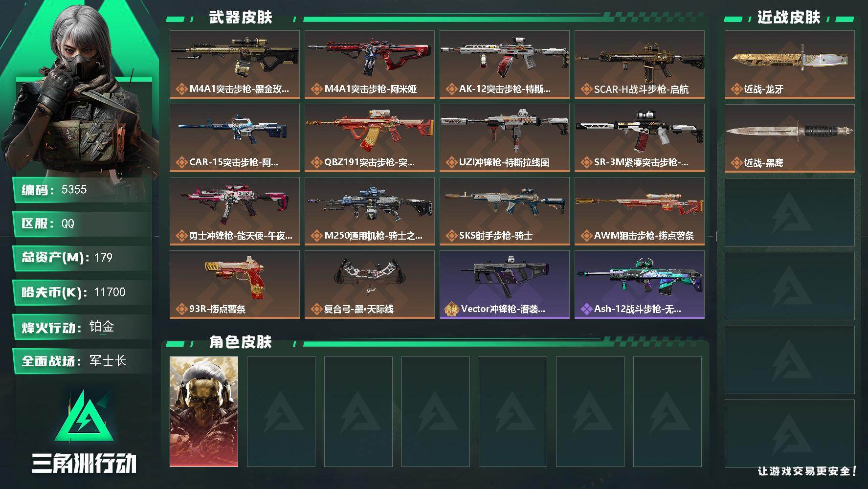 三角洲行动账号QQ总资产(M)：179M/哈夫币(K)：11700K/哈夫币(K)：11700K/传说枪皮数：14/全