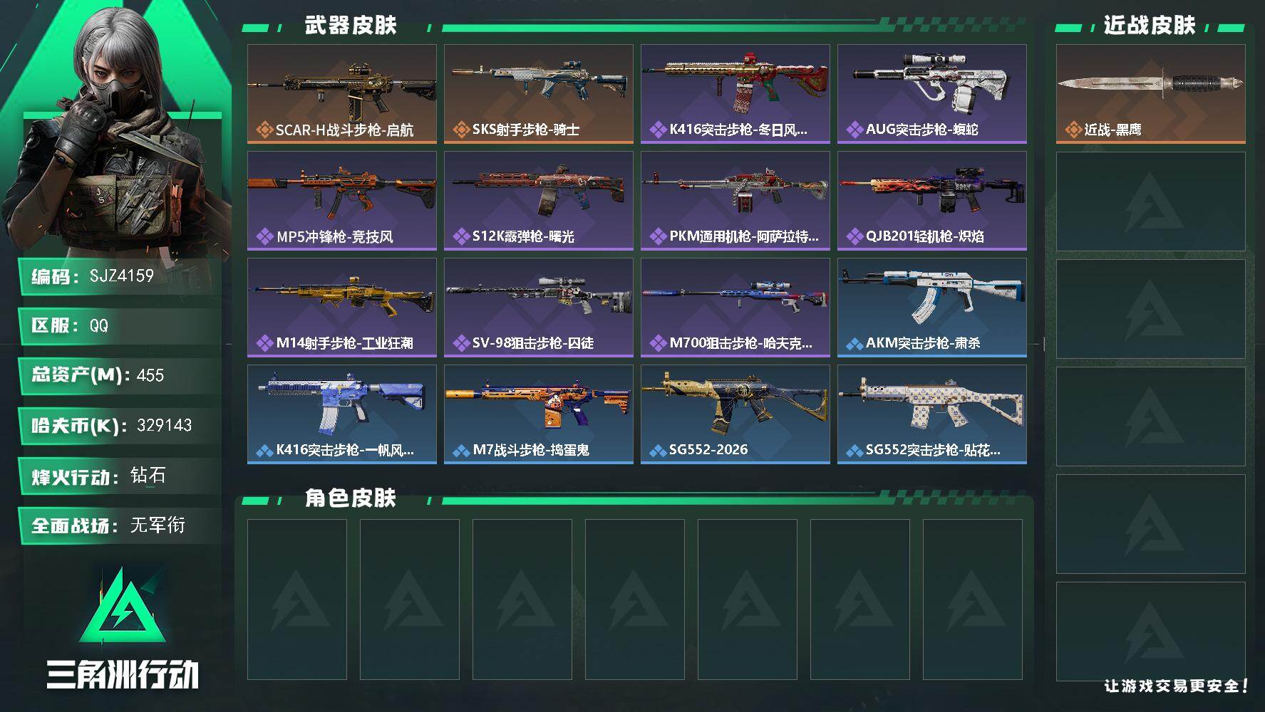三角洲行动账号QQ【SJZ4159】总资产(M)：455M/哈夫币(K)：329143K/哈夫币(K)：329143K/传说枪皮数：2/全面战场等级：1_段位：无段位/烽火地带等级：60_段位：钻石/近战-黑鹰/SC