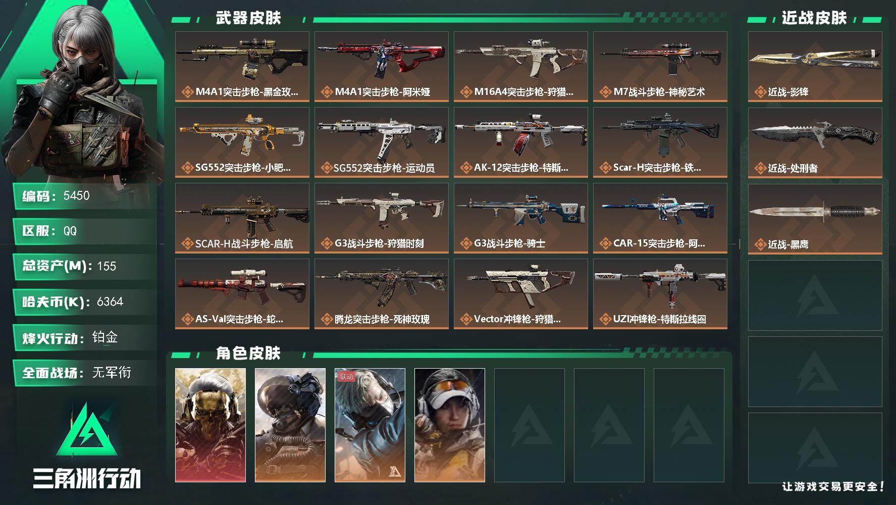 三角洲行动账号QQ总资产(M)：155M/哈夫币(K)：6364K/哈夫币(K)：6364K/传说枪皮数：24/全面战