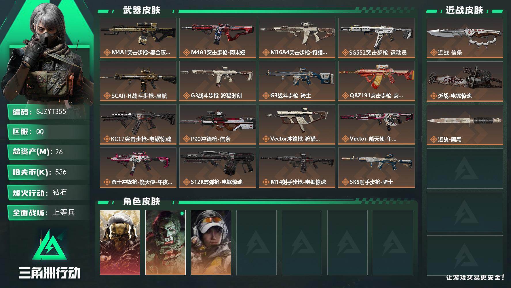 三角洲行动账号QQ【SJZYT355】总资产(M)：26M/哈夫币(K)：536K/哈夫币(K)：536K/传说枪皮数：20/全面战场等级：32_段位：上等兵/烽火地带等级：60_段位：钻石/红狼-蚀金玫瑰/红狼-电
