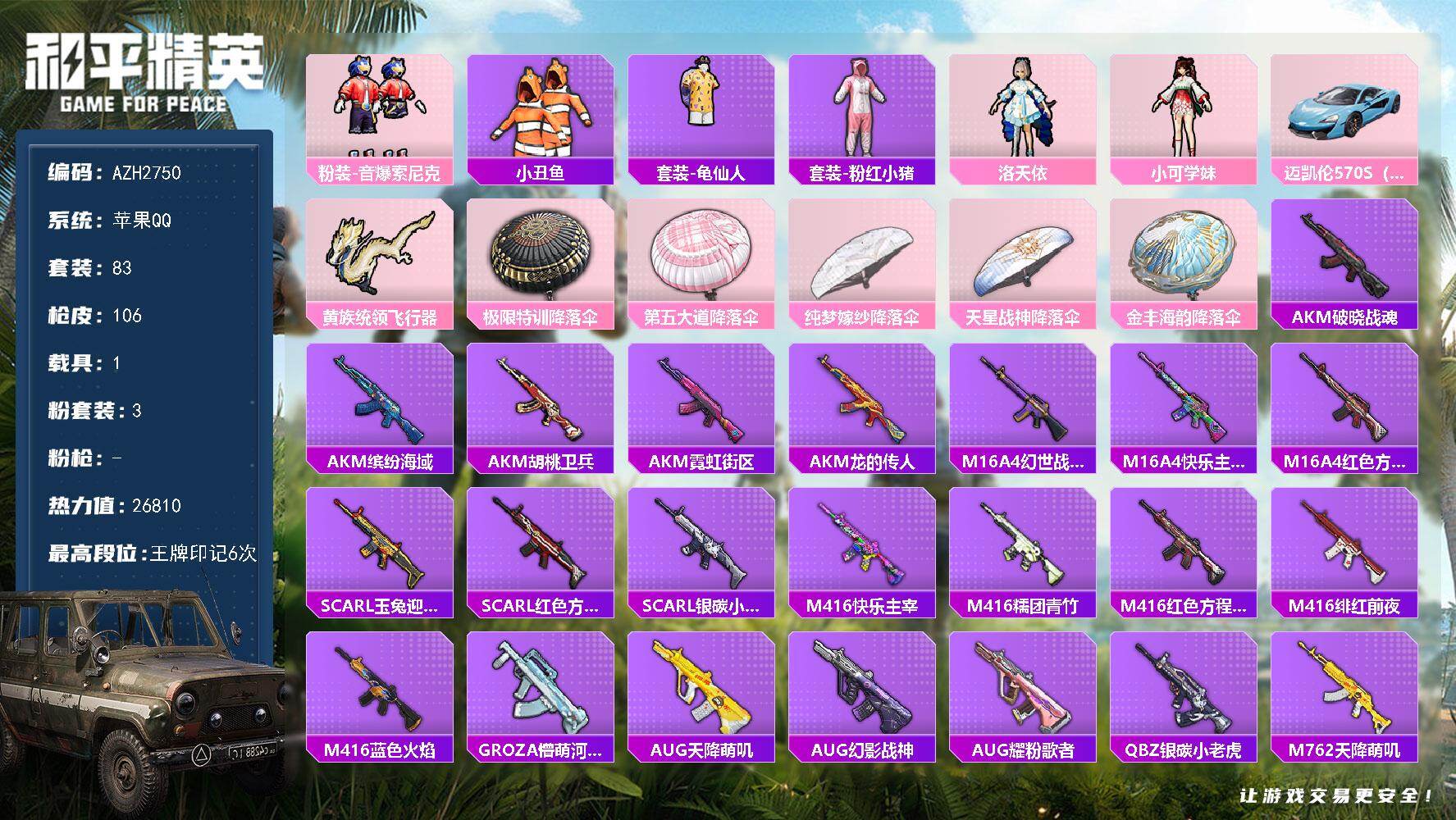 和平精英账号苹果QQ1载具-83套装-106枪皮-苹果 手Q【洛天依 小可学妹 小丑鱼 1载具】3粉装-0特效枪-1载具