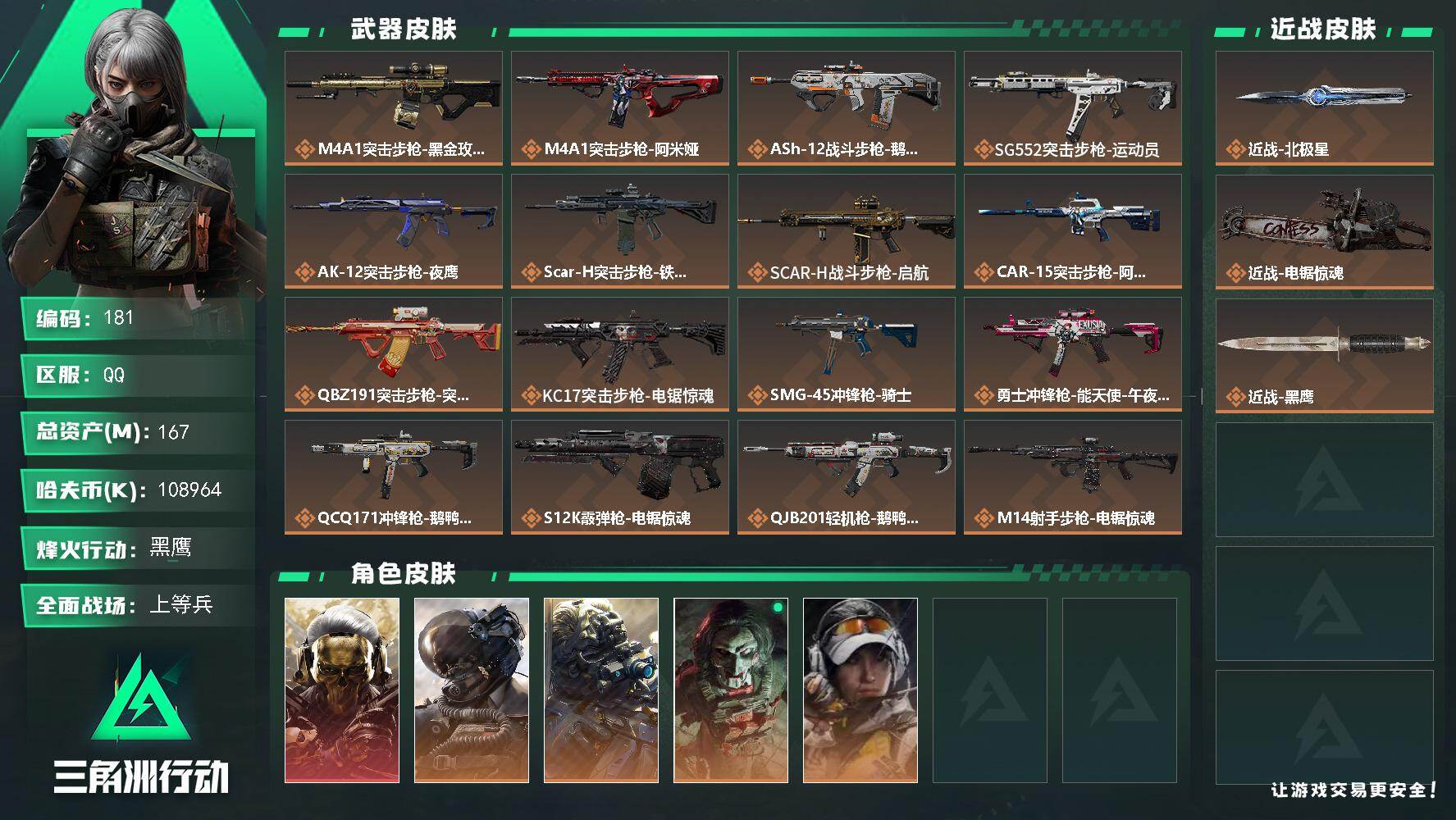 三角洲行动账号QQ【LX87923】【总资产：167.9m，流动资产：128.7m-1干员红皮：红狼 蚀金玫瑰-刀皮：