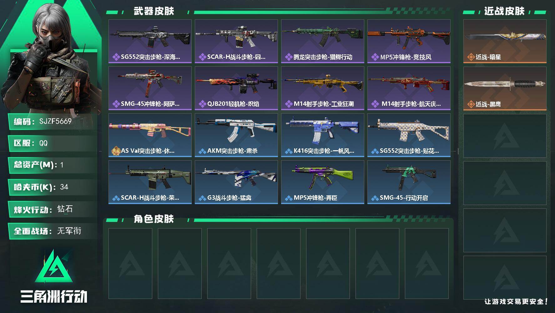 三角洲行动账号QQ【SJZF5669】总资产(M)：1M/哈夫币(K)：34K/哈夫币(K)：34K/全面战场等级：1_段位：无段位/烽火地带等级：60_段位：钻石/近战-暗星/近战-黑鹰/SG552突击步枪-深海恐