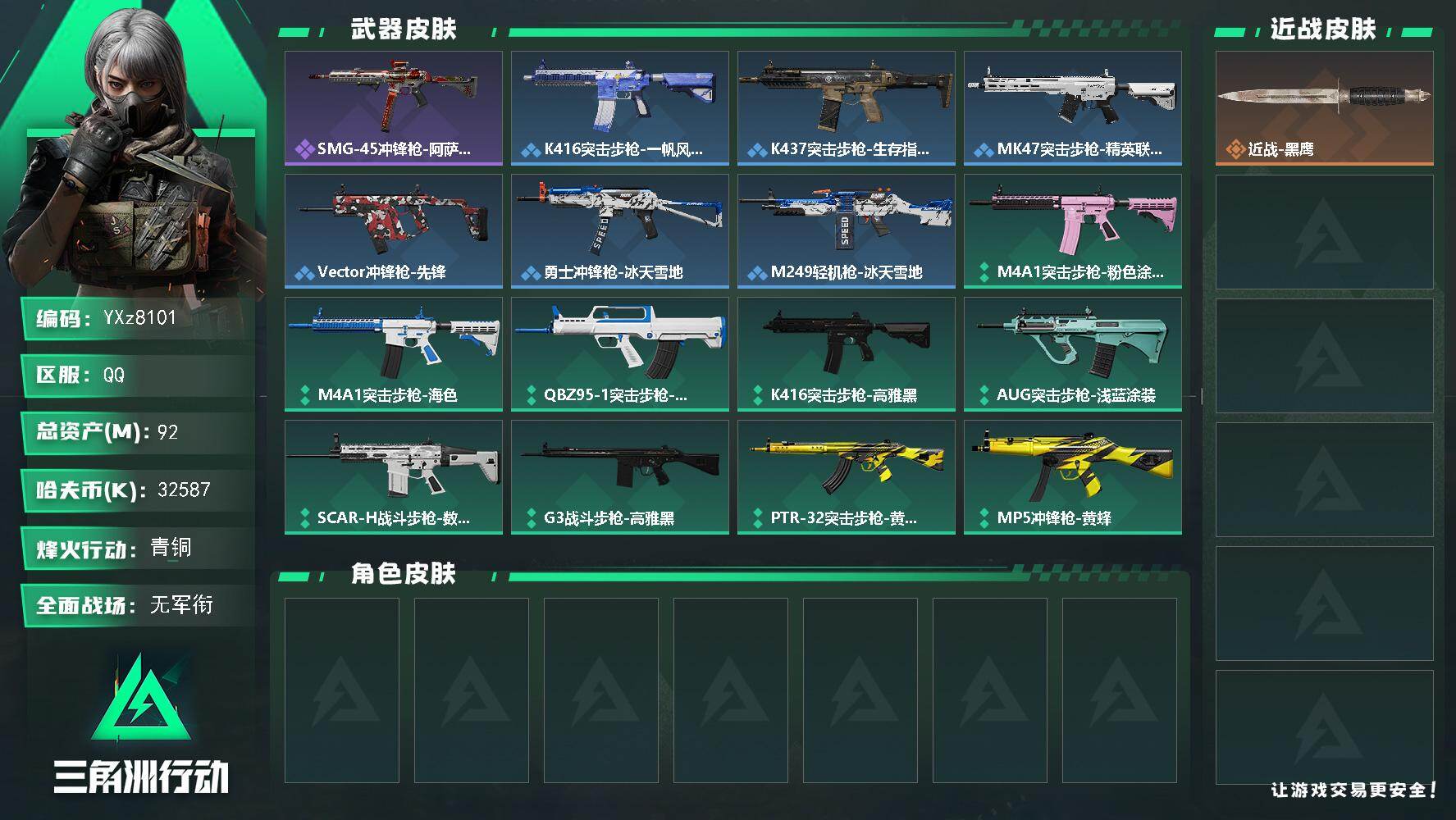 三角洲行动账号QQ【小额资产92m】
【Q区三端互通】【【无二次协助处理】】YXz8101-特勤处：仓库5级/靶场2级