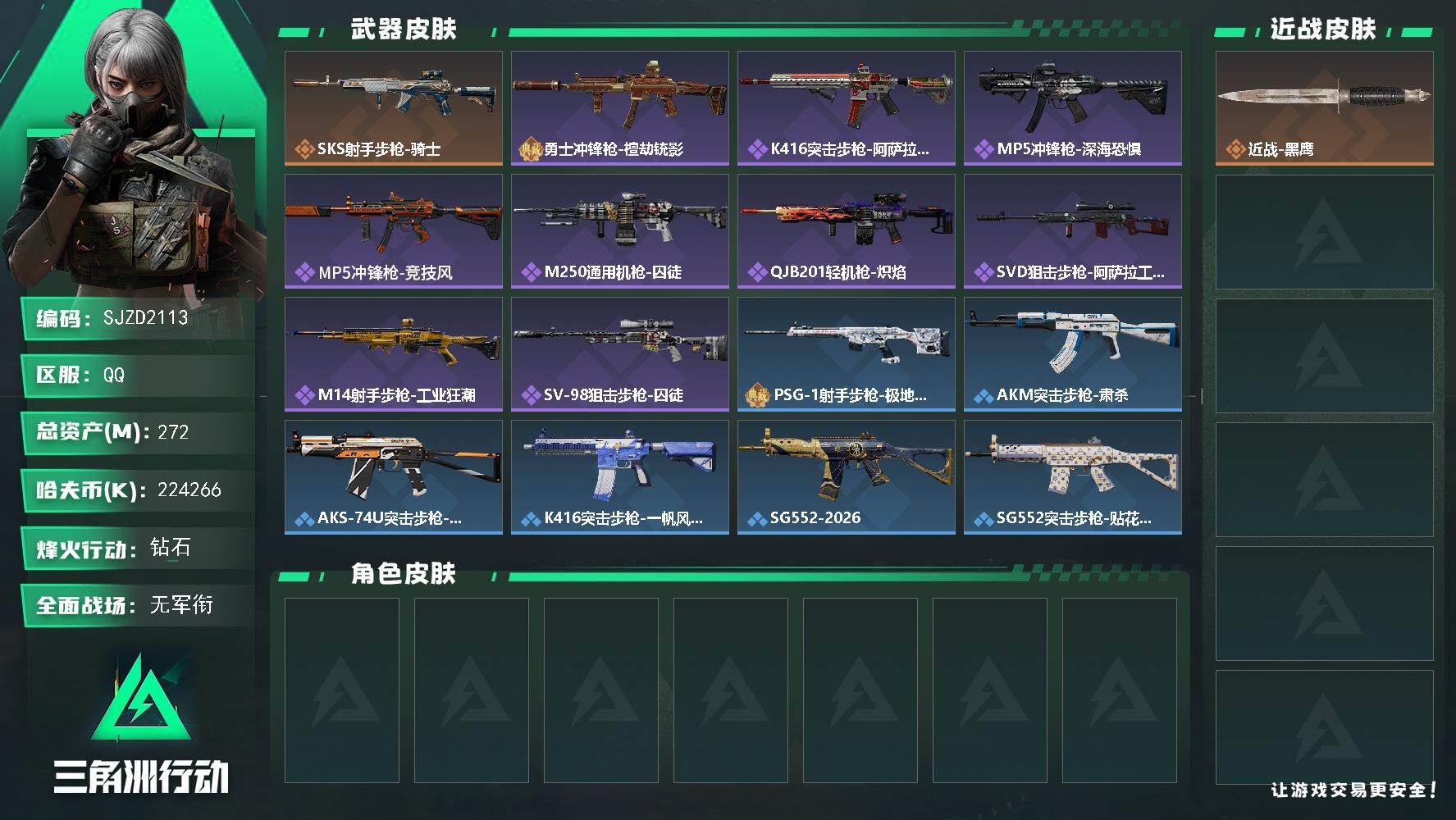 三角洲行动账号QQ【SJZD2113】总资产(M)：272M/哈夫币(K)：224266K/哈夫币(K)：224266K/传说枪皮数：1/全面战场等级：1_段位：无段位/烽火地带等级：60_段位：钻石/近战-黑鹰/S
