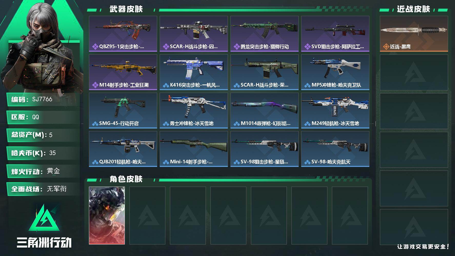 三角洲行动账号QQ【SJ7766】总资产(M)：5M/哈夫币(K)：35K/哈夫币(K)：35K/全面战场等级：5_段位：无段位/烽火地带等级：37_段位：黄金/威龙-凌霄戍卫/近战-黑鹰/QBZ95-1突击步枪-曙
