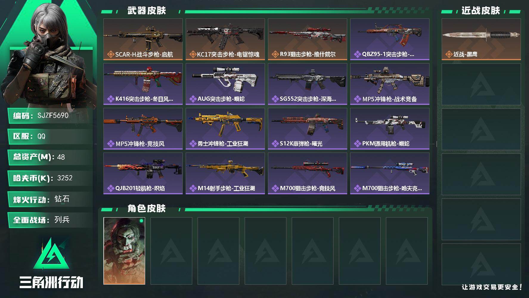 三角洲行动账号QQ【SJZF5690】总资产(M)：48M/哈夫币(K)：3252K/哈夫币(K)：3252K/传说枪皮数：3/全面战场等级：8_段位：列兵/烽火地带等级：60_段位：钻石/非洲之心/红狼-电锯惊魂/