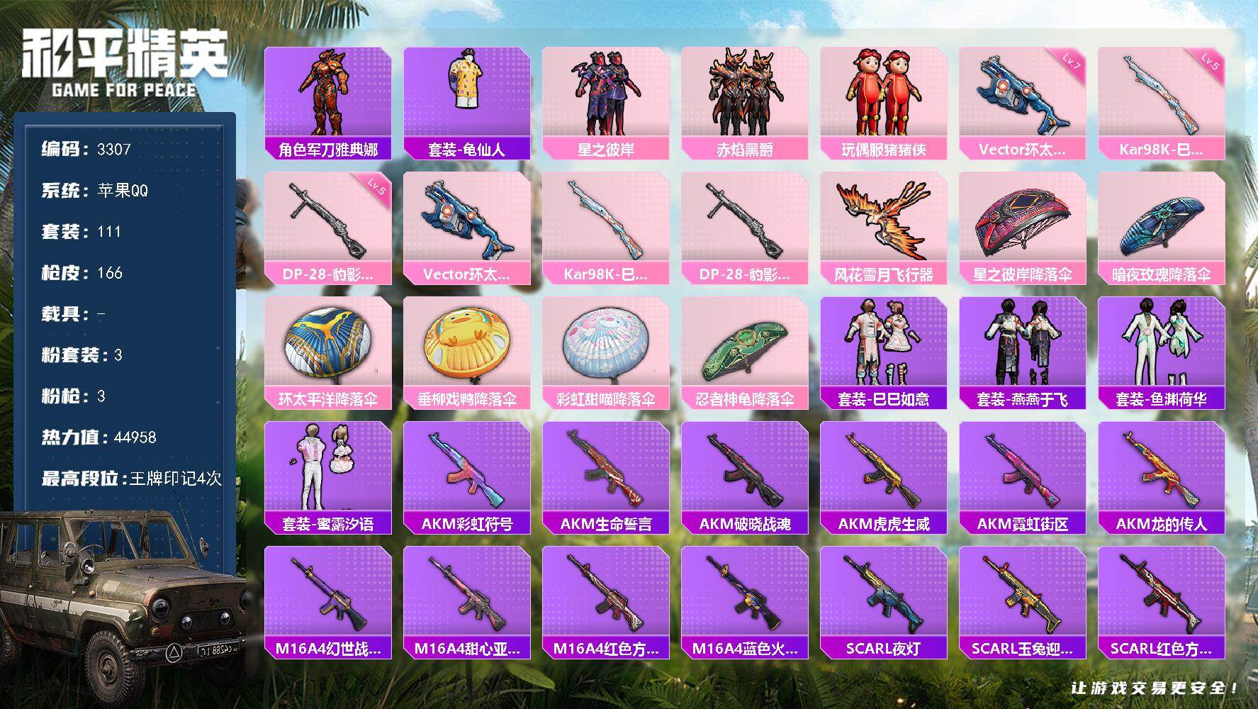 和平精英账号苹果QQ0载具-111套装-166枪皮-111套装/枪械3/装备170/战备109/王牌印记4/热力值449