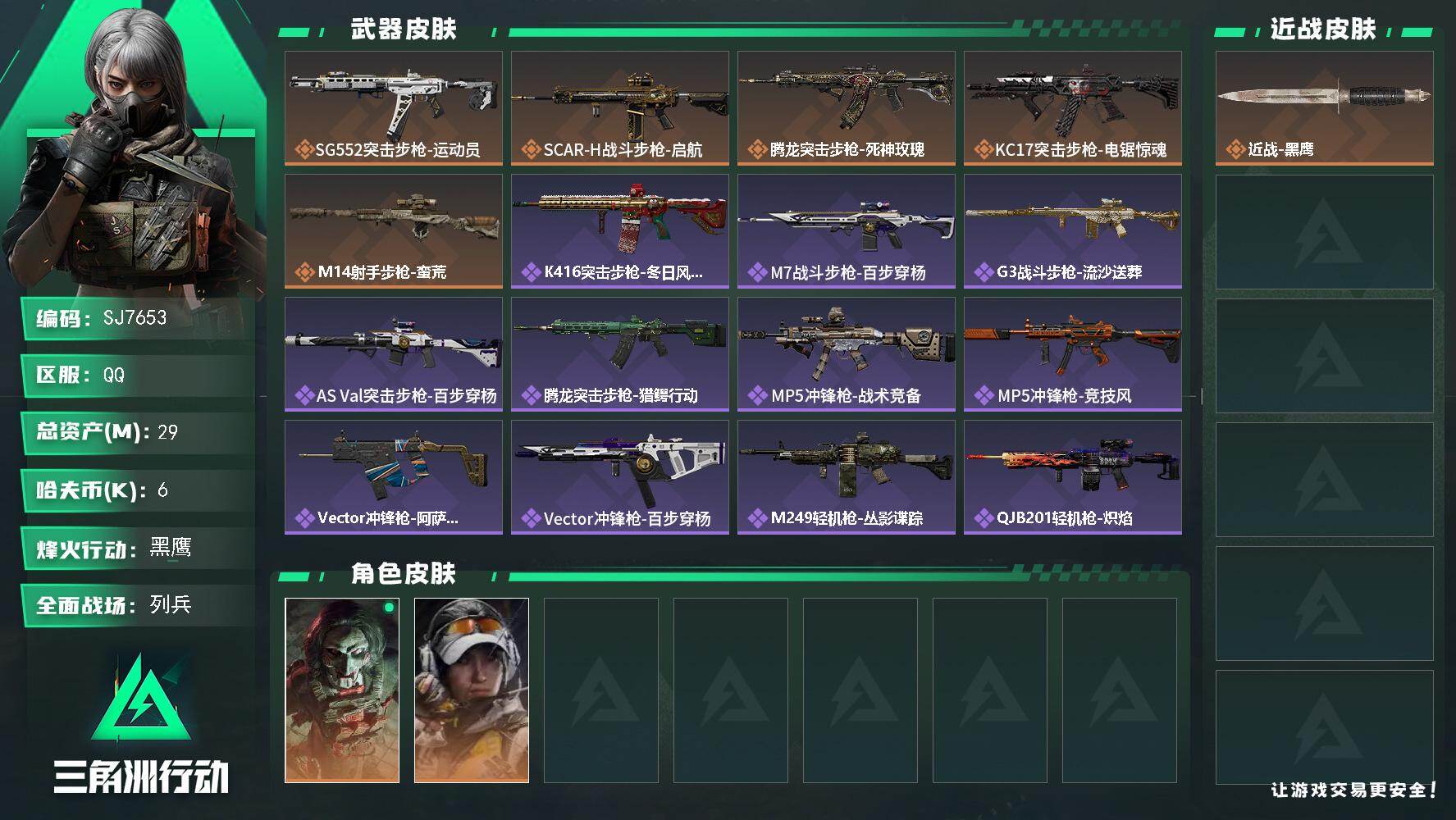三角洲行动账号QQ【SJ7653】总资产(M)：29M/哈夫币(K)：6K/哈夫币(K)：6K/传说枪皮数：6/全面战场等级：15_段位：列兵/烽火地带等级：60_段位：黑鹰/红狼-电锯惊魂/露娜-金牌射手/近战-黑