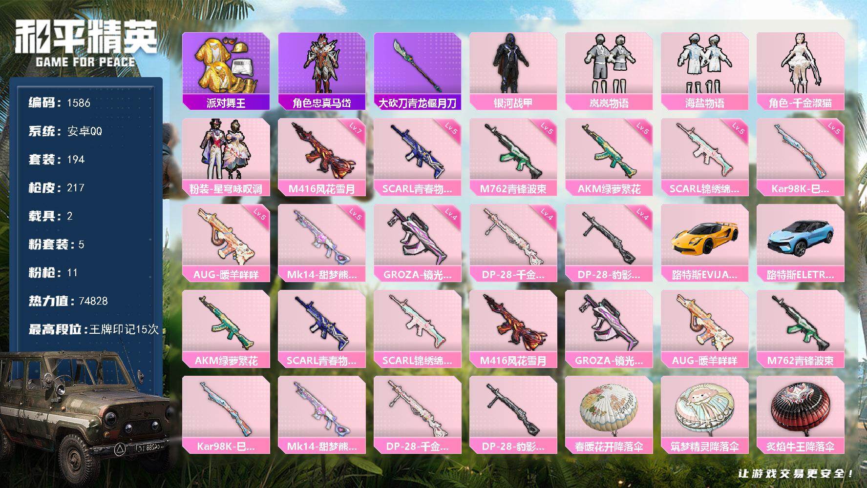 和平精英账号安卓QQ2载具-194套装-217枪皮-【1586】【妹妹号·岚岚物语·千金淑猫·金鞋·满级风花雪月·2载具