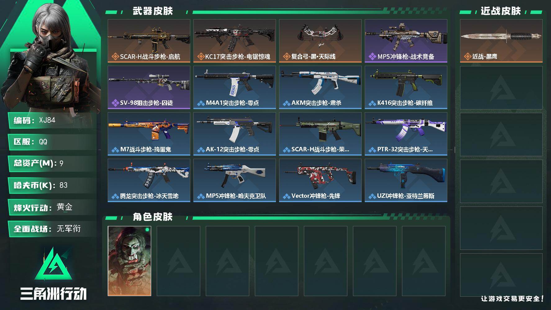 三角洲行动账号QQ【XJ84】总资产(M)：9M/哈夫币(K)：83K/哈夫币(K)：83K/传说枪皮数：3/全面战场
