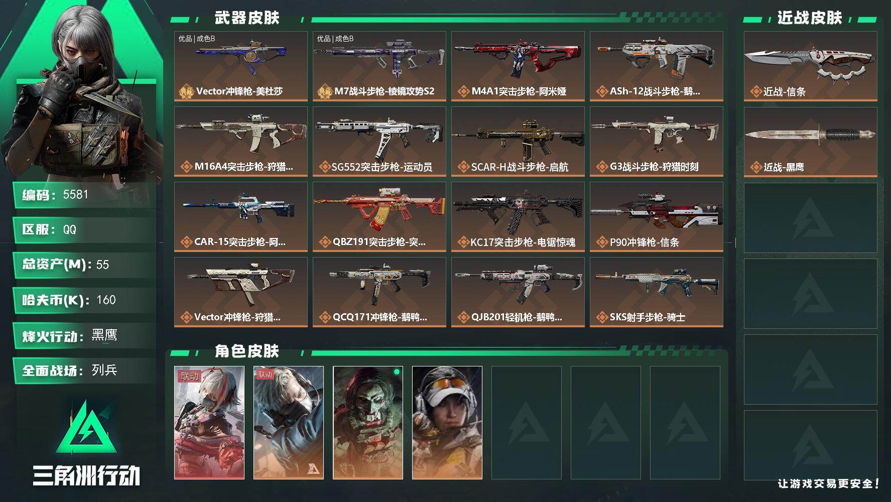 三角洲行动账号QQ总资产(M)：55M/哈夫币(K)：160K/哈夫币(K)：160K/全面战场等级：14_段位：列兵