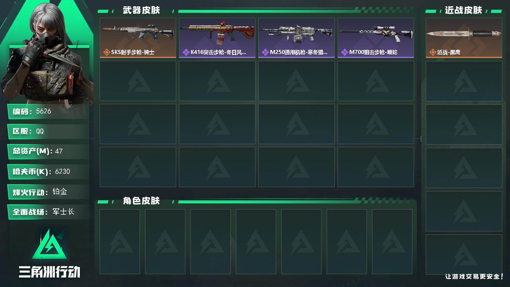 三角洲行动账号QQ总资产(M)：47M/哈夫币(K)：6230K/哈夫币(K)：6230K/全面战场等级：1_段位：军