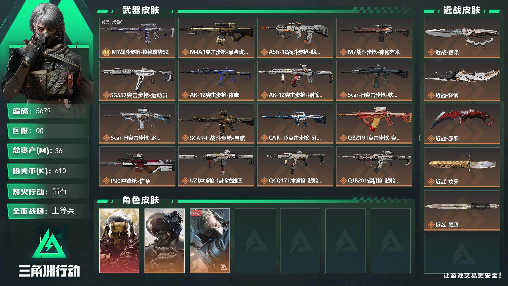 三角洲行动账号QQ总资产(M)：36M/哈夫币(K)：610K/哈夫币(K)：610K/全面战场等级：34_段位：上等