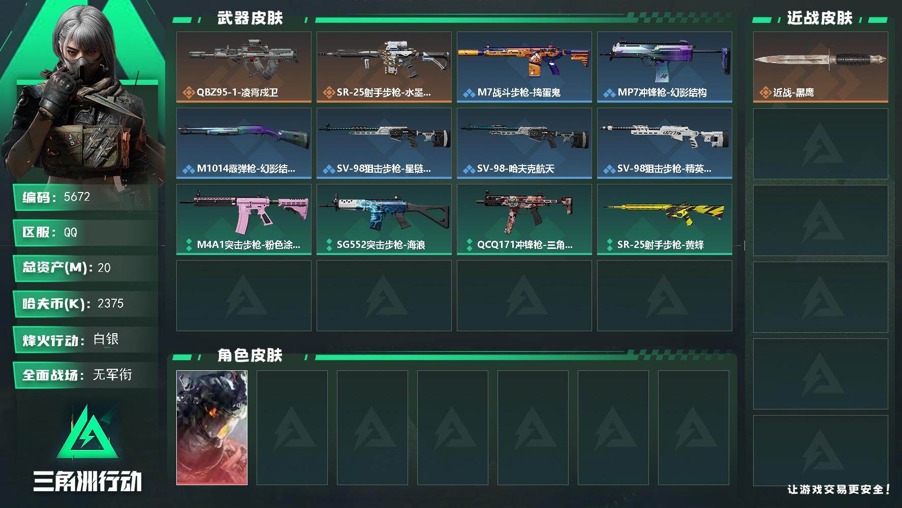 三角洲行动账号QQ总资产(M)：20M/哈夫币(K)：2375K/哈夫币(K)：2375K/传说枪皮数：2/全面战场等