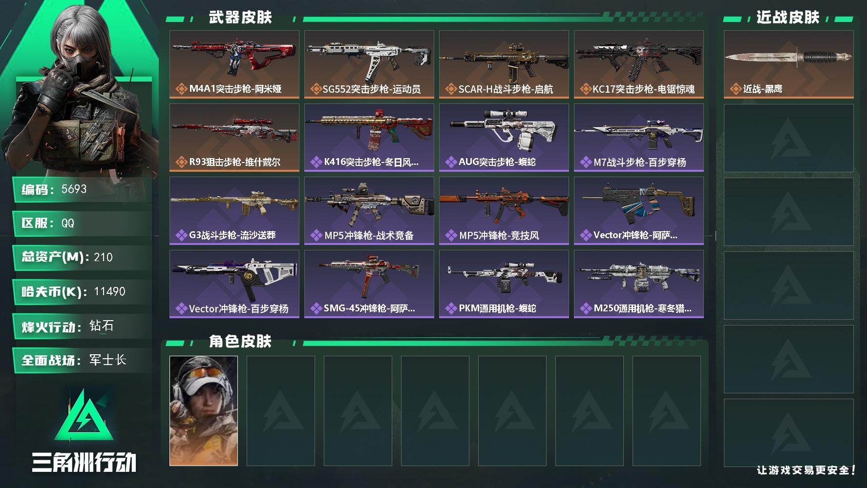 三角洲行动账号QQ总资产(M)：210M/哈夫币(K)：11490K/哈夫币(K)：11490K/全面战场等级：1_段