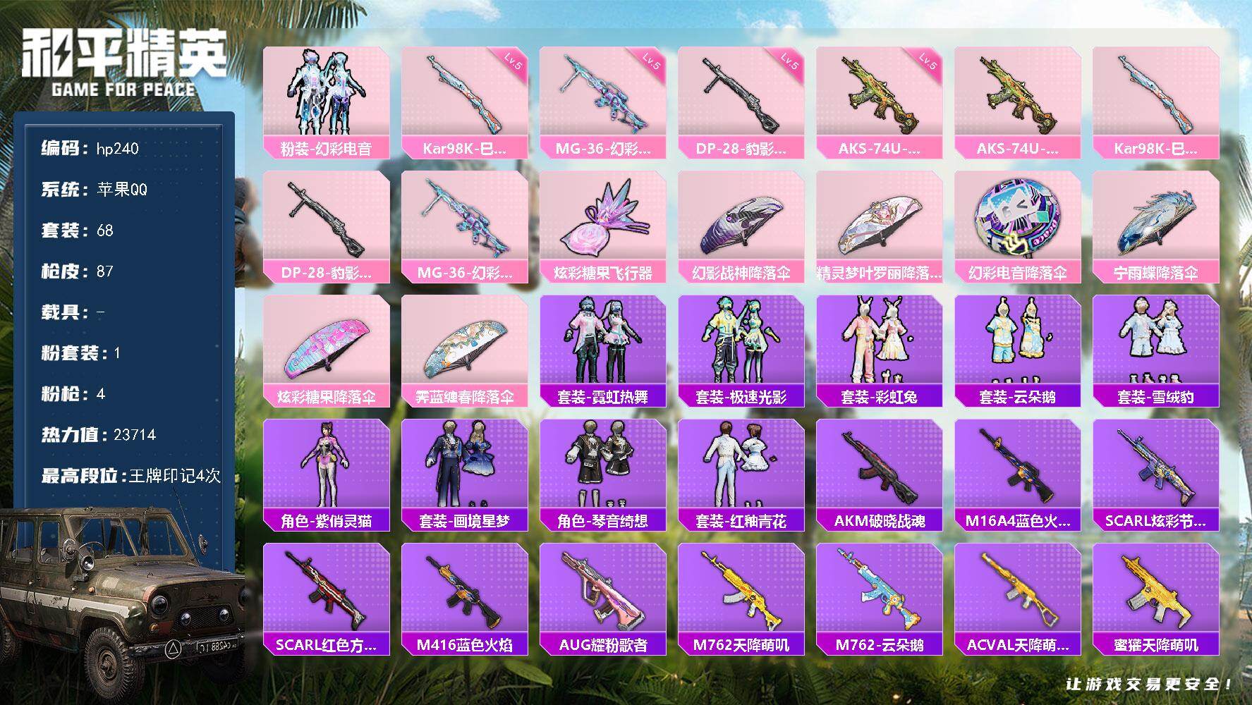 和平精英账号苹果QQ0载具-68套装-87枪皮-苹果 手Q-1粉装-4特效枪-0载具-1粉色飞行器-23714热力值-4