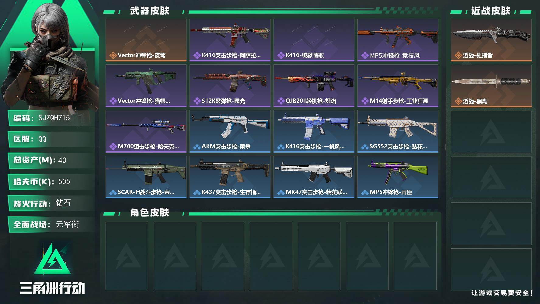 三角洲行动账号QQ【SJZQH715】总资产(M)：40M/哈夫币(K)：505K/哈夫币(K)：505K/传说枪皮数：1/全面战场等级：5_段位：无段位/烽火地带等级：60_段位：钻石/近战-处刑者/近战-黑鹰/V