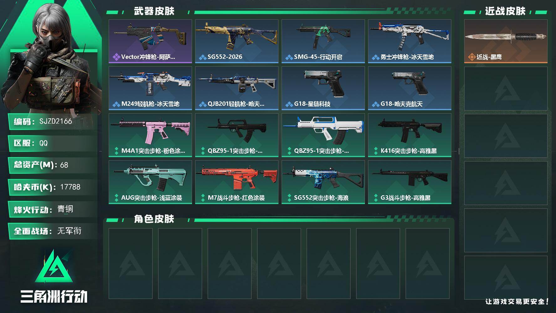 三角洲行动账号QQ【SJZD2166】总资产(M)：68M/哈夫币(K)：17788K/哈夫币(K)：17788K/全面战场等级：1_段位：无段位/烽火地带等级：29_段位：青铜/近战-黑鹰/Vector冲锋枪-阿萨