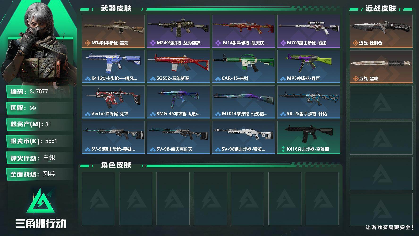 三角洲行动账号QQ【SJ7877】总资产(M)：31M/哈夫币(K)：5661K/哈夫币(K)：5661K/传说枪皮数：1/全面战场等级：18_段位：列兵/烽火地带等级：34_段位：白银/近战-处刑者/近战-黑鹰/M