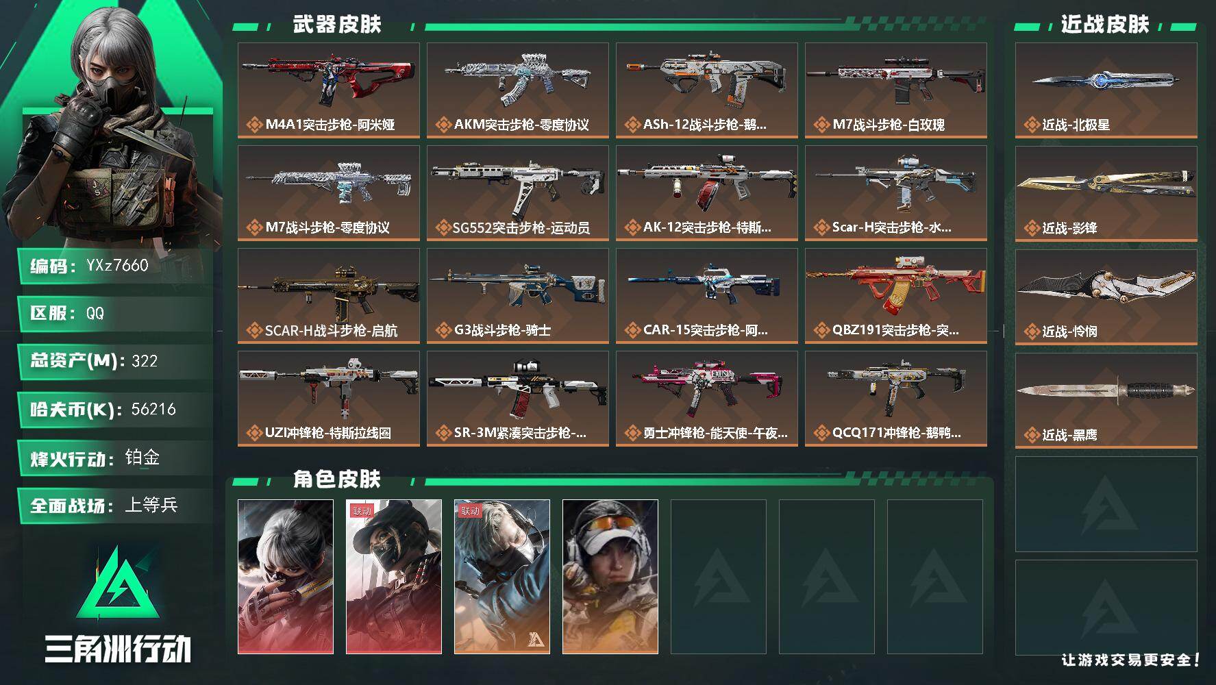 三角洲行动账号QQ【多热门刀皮号+热门红皮号+高额资产322M：三刀皮+双红皮，怜悯+影锋+北极星-水墨云图+黑天际线