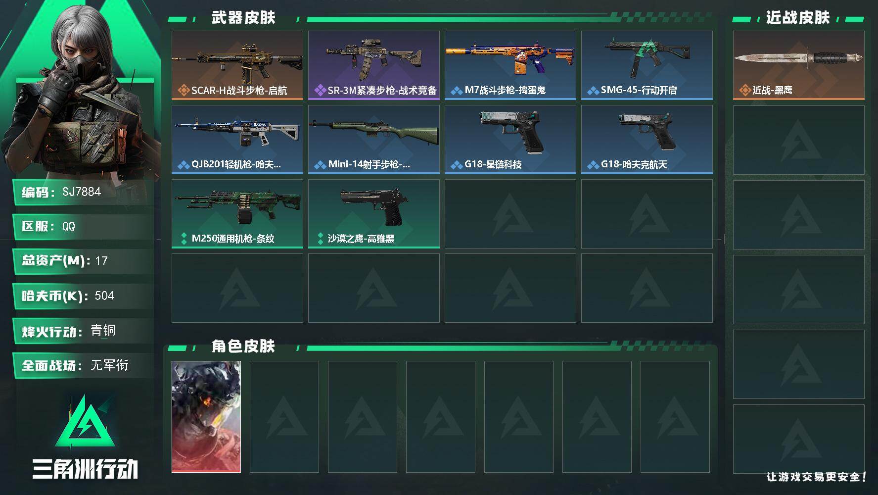 三角洲行动账号QQ【SJ7884】总资产(M)：17M/哈夫币(K)：504K/哈夫币(K)：504K/传说枪皮数：1/全面战场等级：1_段位：无段位/烽火地带等级：32_段位：青铜/威龙-凌霄戍卫/近战-黑鹰/SC