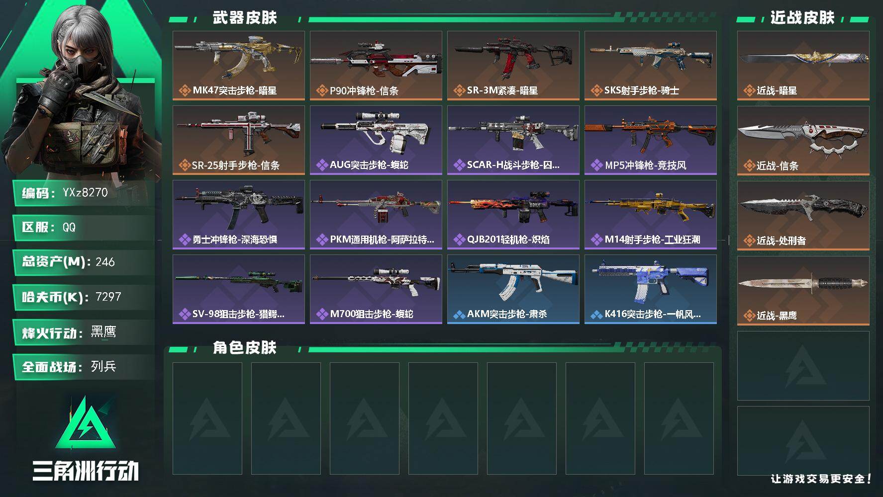 三角洲行动账号QQ【热门双刀皮-暗星+信条.总资产246M】【Q区三端互通】【无二次】YXz8270-特勤处：仓库8级